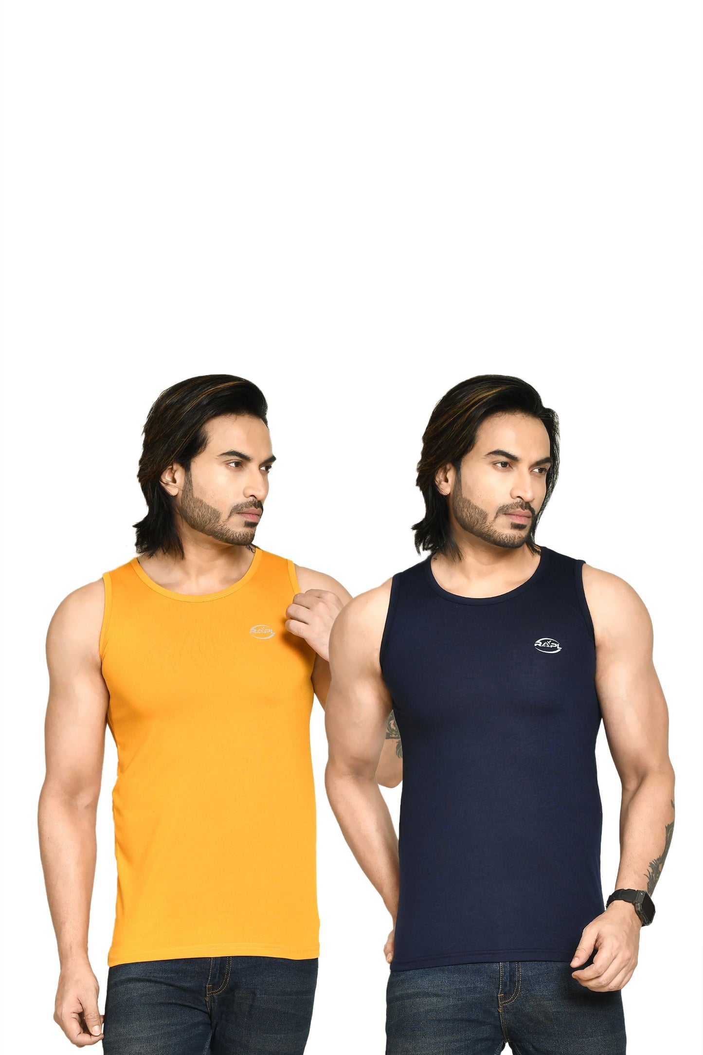 RAPL BHARAT Men's Casual Regular Fit Round Neck Solid Cotton Sleeveless Tank Tops Gym Vest I Perfect for Gymwear & Sports - Yellow & Navy Blue