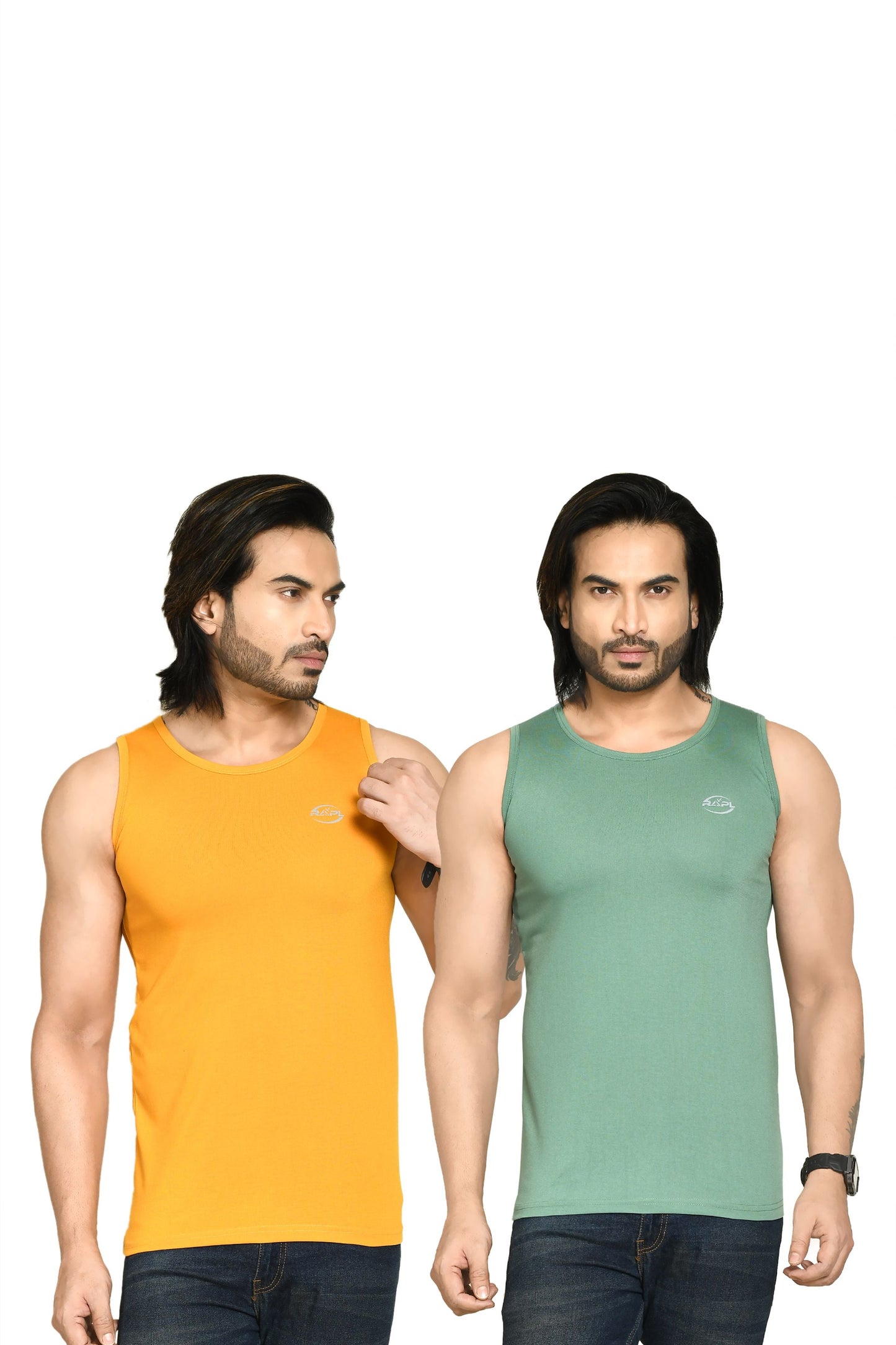 RAPL BHARAT Men's Casual Regular Fit Round Neck Solid Cotton Sleeveless Tank Tops Gym Vest I Perfect for Gymwear & Sports - Yellow & Olive Green