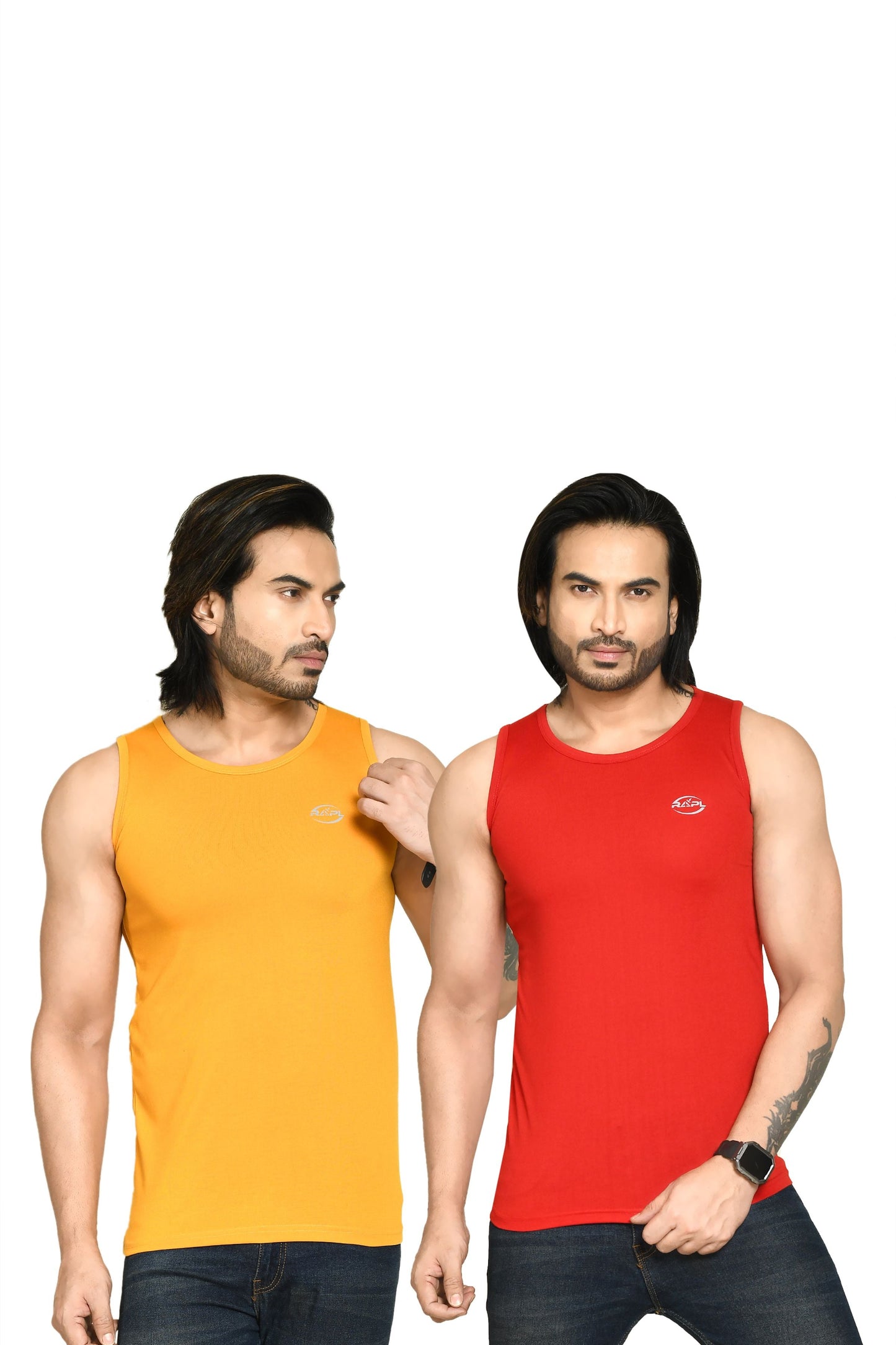 RAPL BHARAT Men's Casual Regular Fit Round Neck Solid Cotton Sleeveless Tank Tops Gym Vest I Perfect for Gymwear & Sports - Yellow & Red