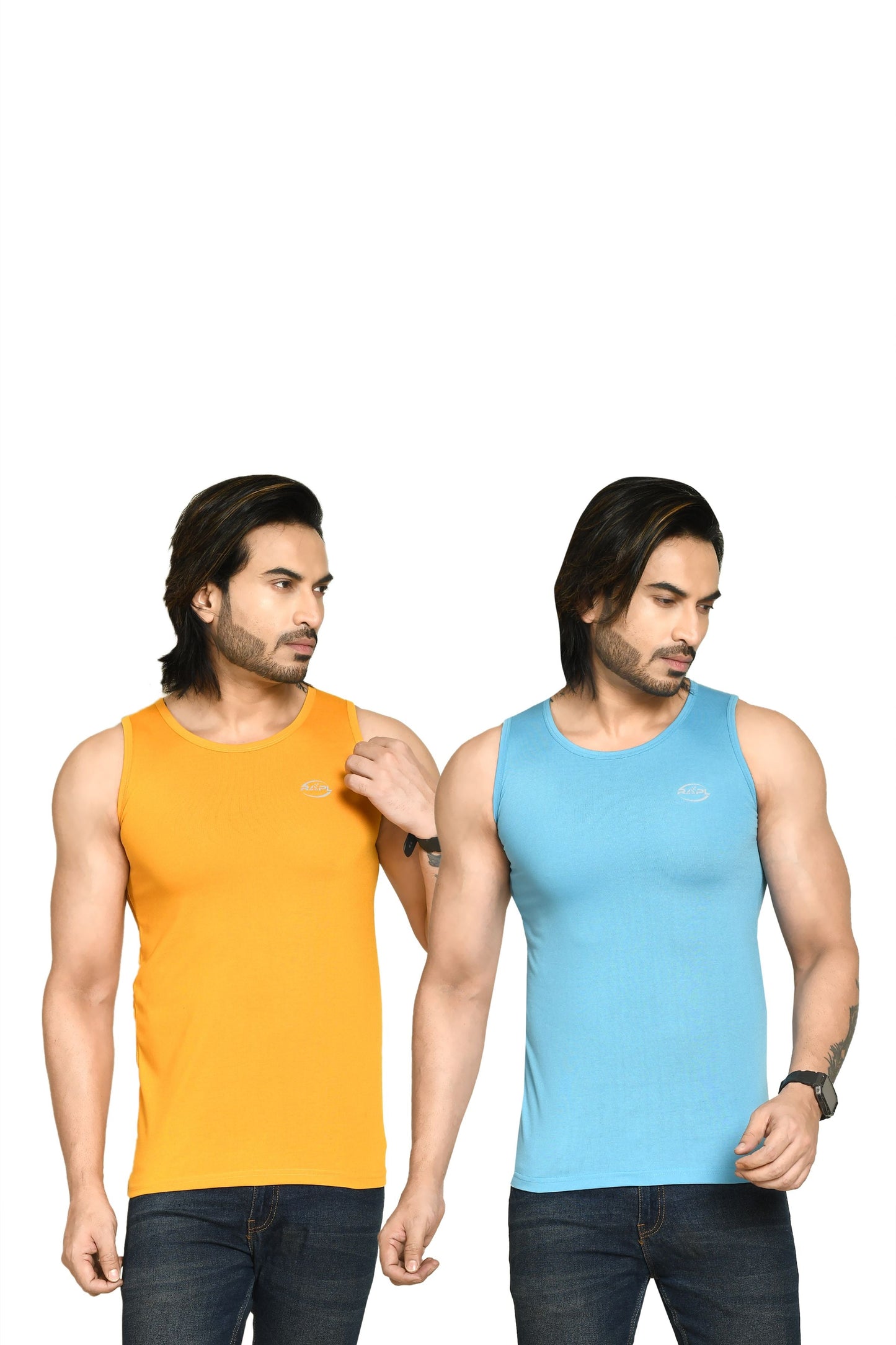 RAPL BHARAT Men's Casual Regular Fit Round Neck Solid Cotton Sleeveless Tank Tops Gym Vest I Perfect for Gymwear & Sports - Yellow & Sky Blue