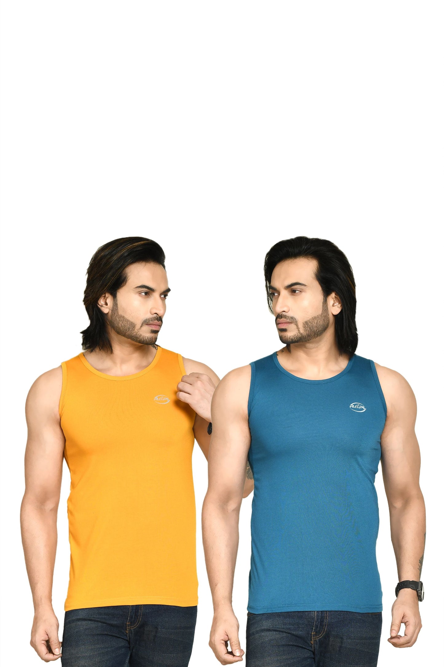 RAPL BHARAT Men's Casual Regular Fit Round Neck Solid Cotton Sleeveless Tank Tops Gym Vest I Perfect for Gymwear & Sports - Yellow & Turquoise