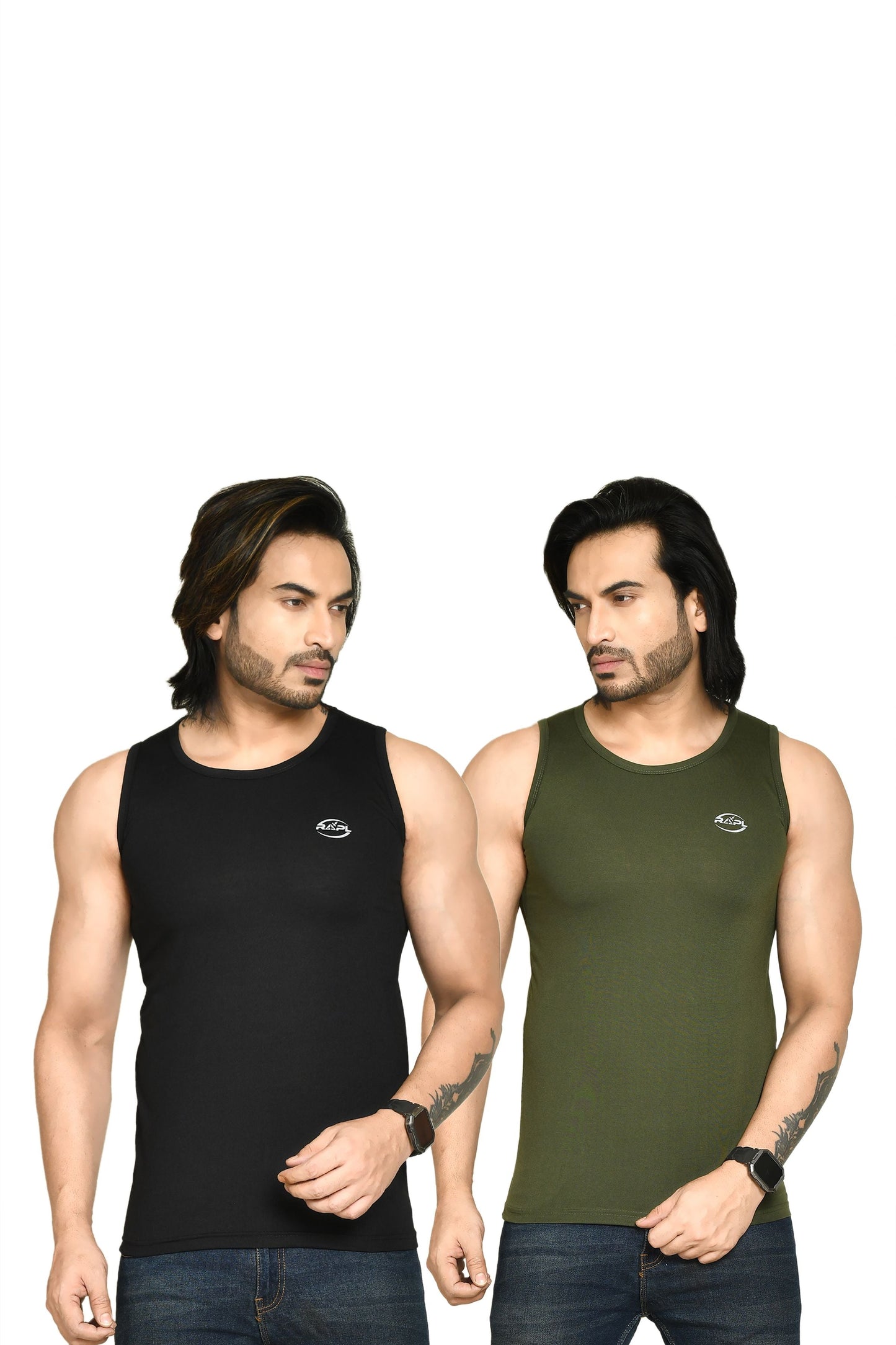 RAPL BHARAT Men's Casual Regular Fit Round Neck Solid Cotton Sleeveless Tank Tops Gym Vest I Perfect for Gymwear & Sports - Black & Dark Green