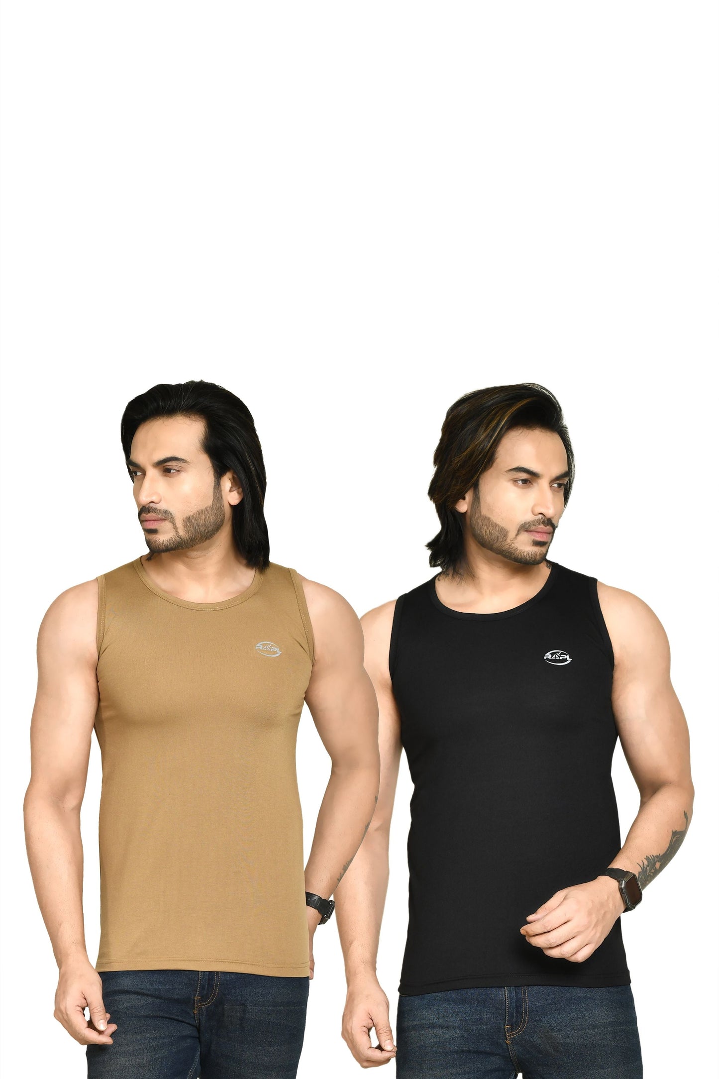 RAPL BHARAT Men's Casual Regular Fit Round Neck Solid Cotton Sleeveless Tank Tops Gym Vest I Perfect for Gymwear & Sports - Khaki & Black