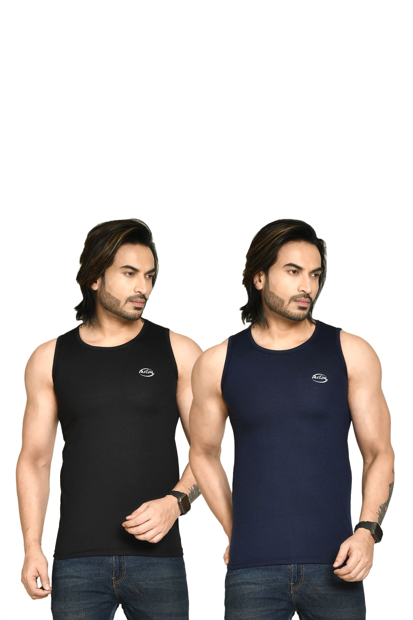 RAPL BHARAT Men's Casual Regular Fit Round Neck Solid Cotton Sleeveless Tank Tops Gym Vest I Perfect for Gymwear & Sports - Black & Navy Blue