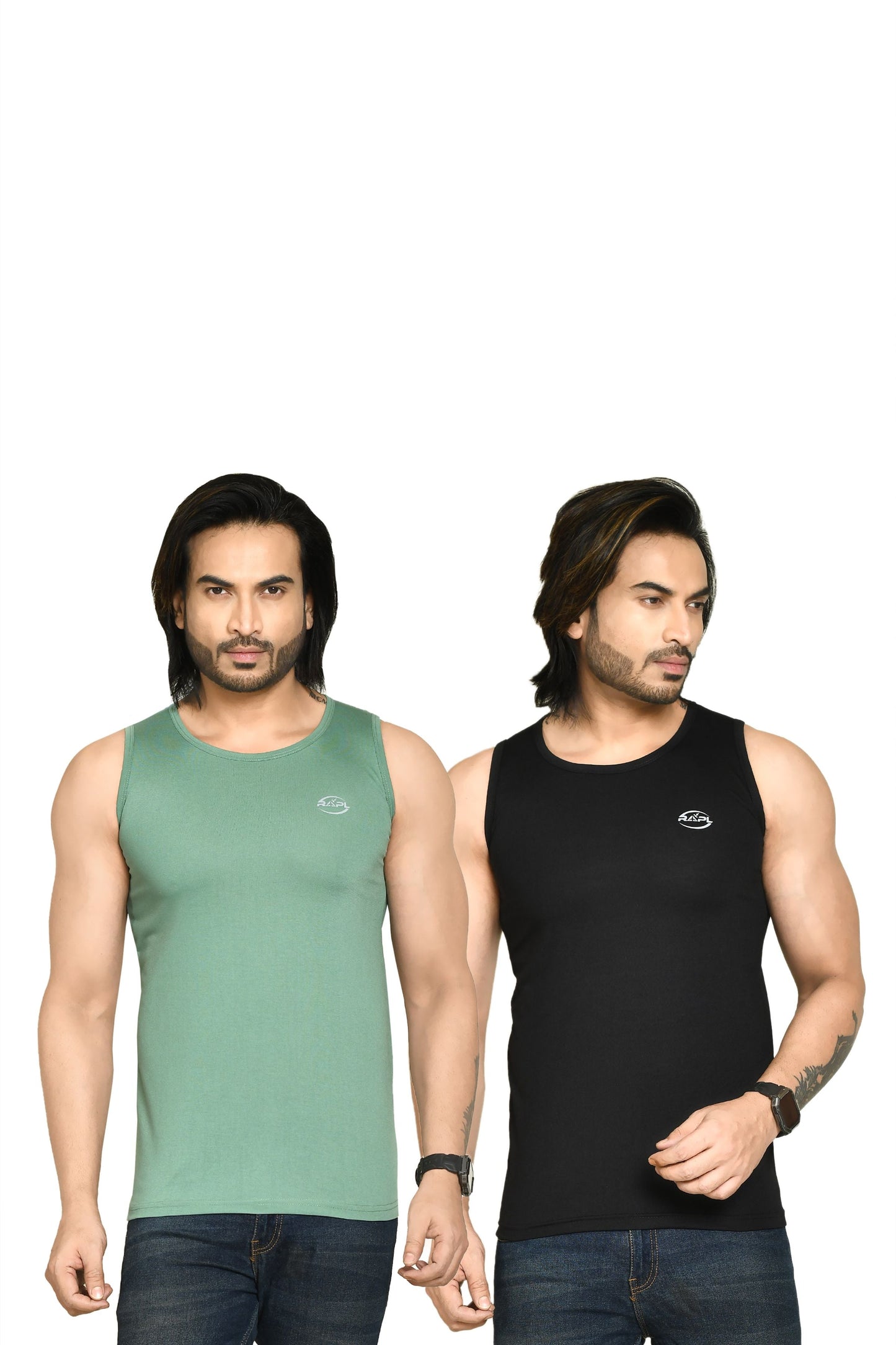 RAPL BHARAT Men's Casual Regular Fit Round Neck Solid Cotton Sleeveless Tank Tops Gym Vest I Perfect for Gymwear & Sports - Olive Green & Black