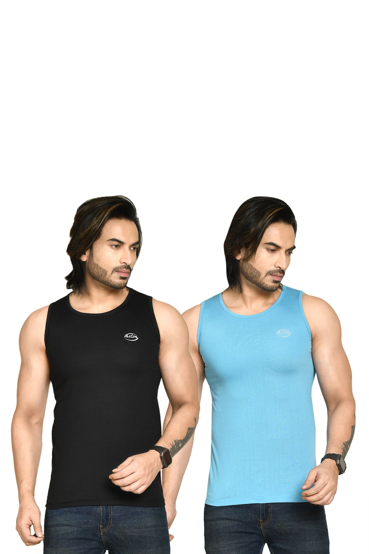 RAPL BHARAT Men's Casual Regular Fit Round Neck Solid Cotton Sleeveless Tank Tops Gym Vest I Perfect for Gymwear & Sports - Black & Sky Blue