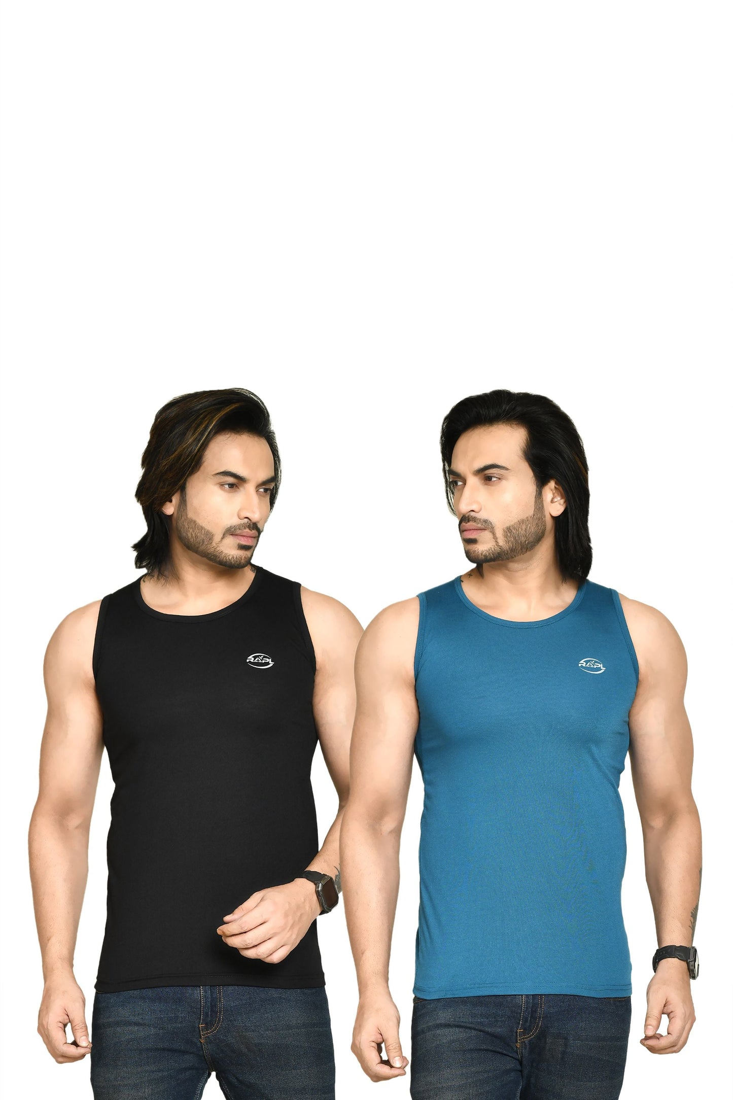 RAPL BHARAT Men's Casual Regular Fit Round Neck Solid Cotton Sleeveless Tank Tops Gym Vest I Perfect for Gymwear & Sports - Black & Turquoise