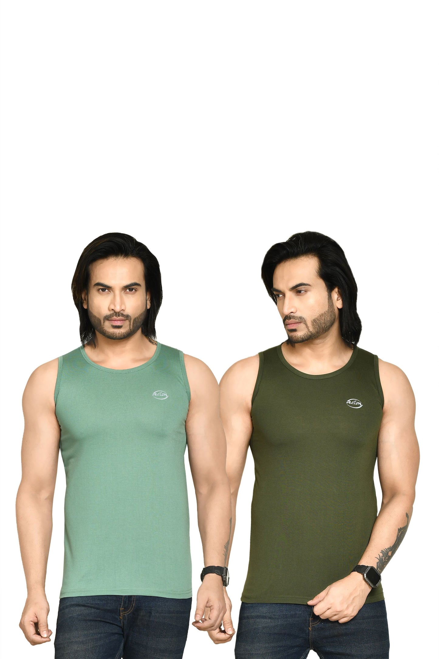 RAPL BHARAT Men's Casual Regular Fit Round Neck Solid Cotton Sleeveless Tank Tops Gym Vest I Perfect for Gymwear & Sports - Olive Green & Dark Green