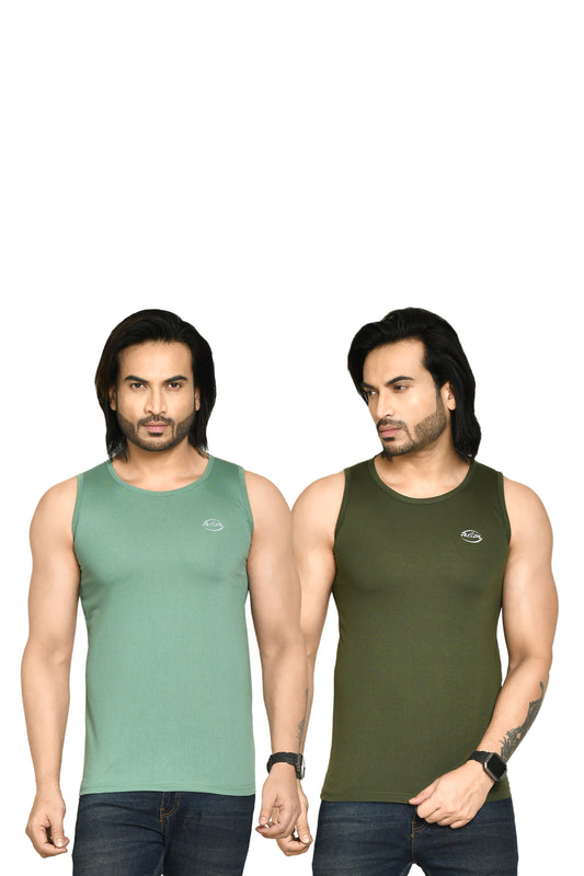 RAPL BHARAT Men's Casual Regular Fit Round Neck Solid Cotton Sleeveless Tank Tops Gym Vest I Perfect for Gymwear & Sports - Olive Green & Dark Green