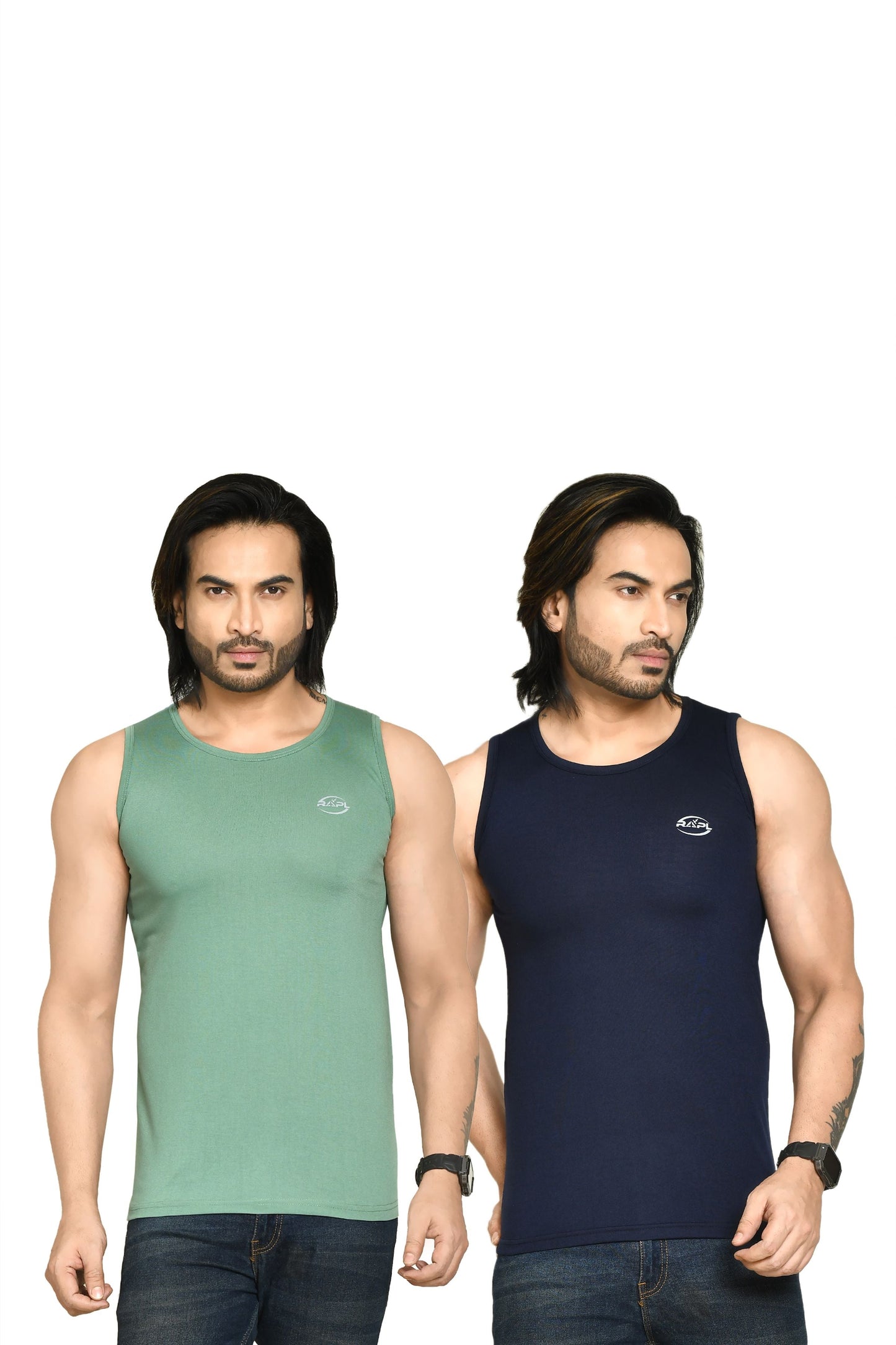 RAPL BHARAT Men's Casual Regular Fit Round Neck Solid Cotton Sleeveless Tank Tops Gym Vest I Perfect for Gymwear & Sports - Olive Green & Navy Blue