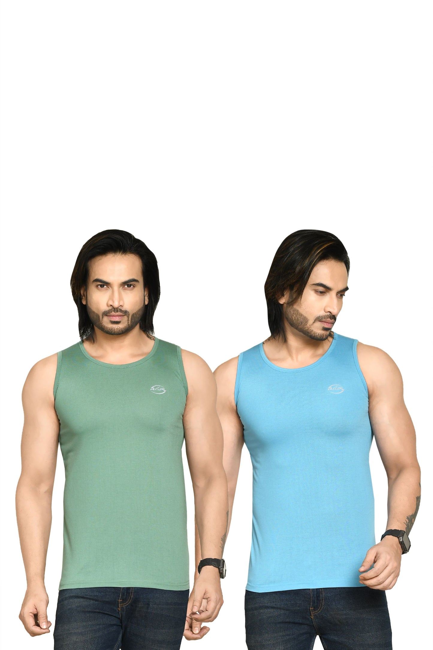 RAPL BHARAT Men's Casual Regular Fit Round Neck Solid Cotton Sleeveless Tank Tops Gym Vest I Perfect for Gymwear & Sports - Olive Green & Sky Blue