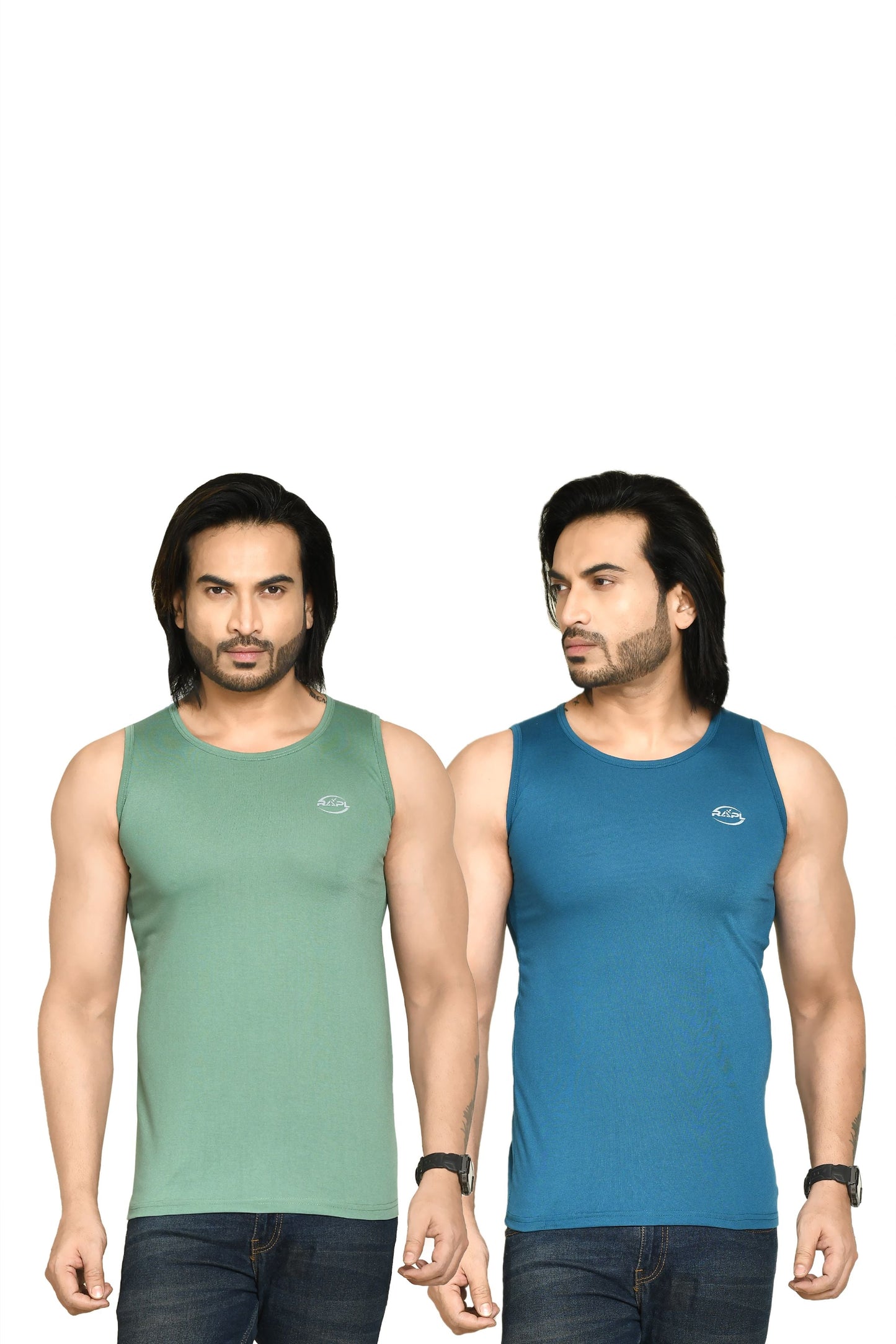 RAPL BHARAT Men's Casual Regular Fit Round Neck Solid Cotton Sleeveless Tank Tops Gym Vest I Perfect for Gymwear & Sports - Olive Green & Turquoise