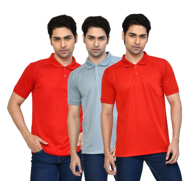 Men's Casual Regular Fit Solid Tshirts combo I Collared Neck I Half Sleeve Polo T-shirts  - Red, Light Grey & Berry Red