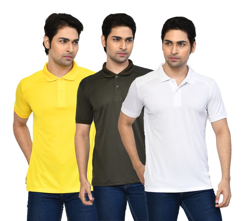 Men's Casual Regular Fit Solid Tshirts combo I Collared Neck I Half Sleeve Polo T-shirts  - Yellow, Algae green & White