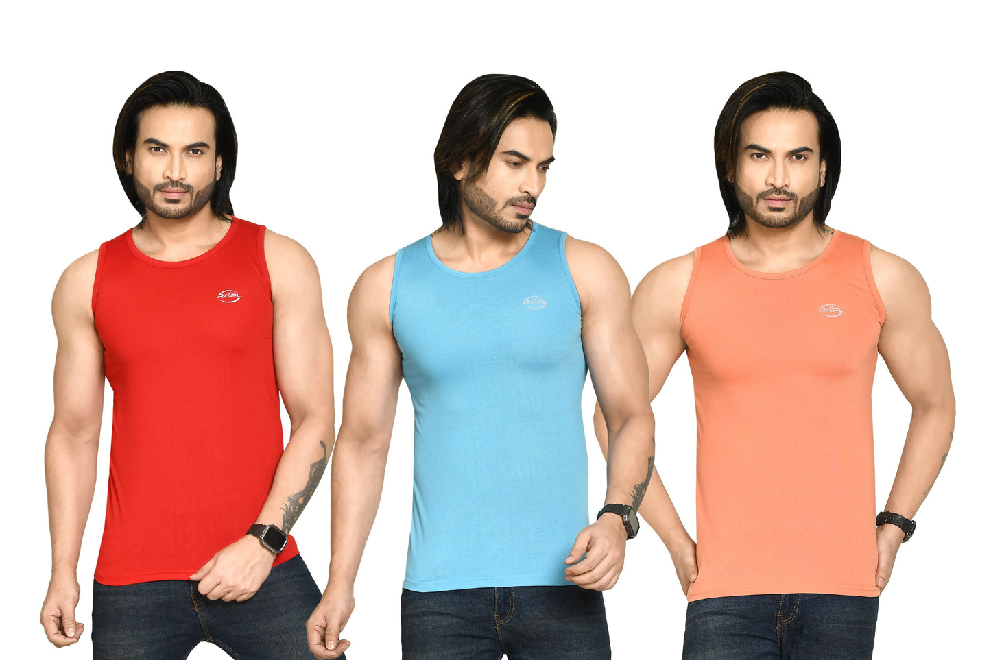 RAPL BHARAT Men's Casual Regular Fit Round Neck Solid Cotton Sleeveless Tank Tops Gym Vest I Perfect for Gymwear & Sports - Red, Sky Blue & Mauve