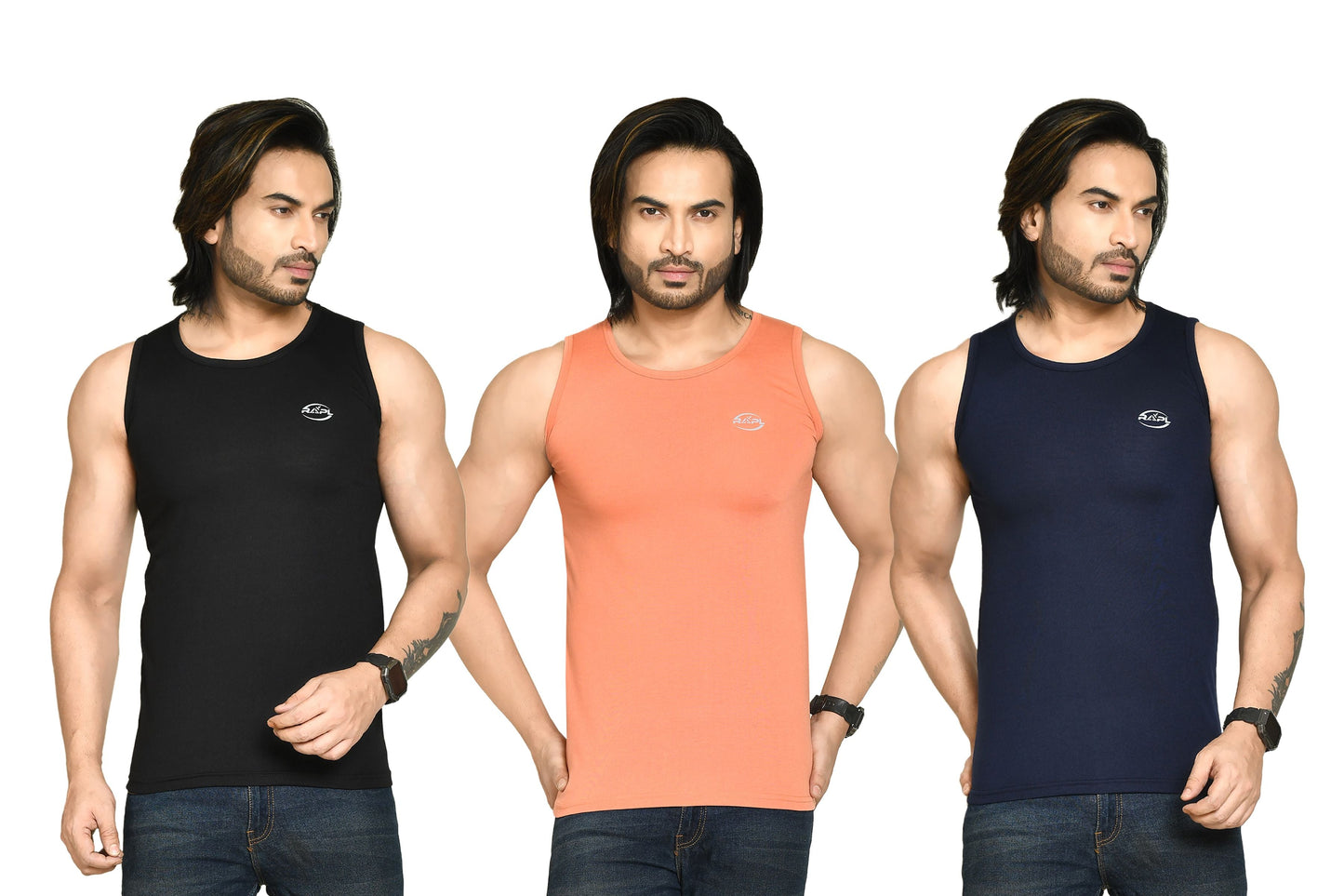 RAPL BHARAT Men's Casual Regular Fit Round Neck Solid Cotton Sleeveless Tank Tops Gym Vest I Perfect for Gymwear & Sports - Black, Mauve & Navy Blue