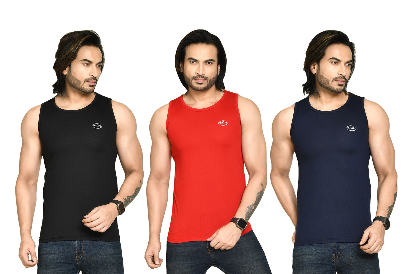 RAPL BHARAT Men's Casual Regular Fit Round Neck Solid Cotton Sleeveless Tank Tops Gym Vest I Perfect for Gymwear & Sports - Black, Red & Navy Blue