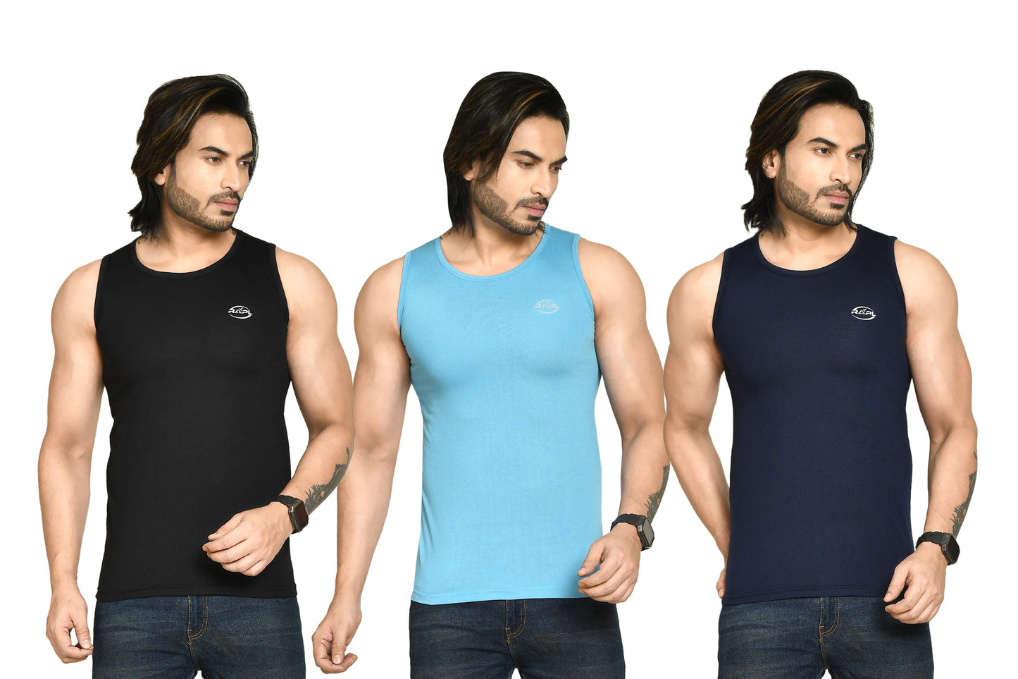 RAPL BHARAT Men's Casual Regular Fit Round Neck Solid Cotton Sleeveless Tank Tops Gym Vest I Perfect for Gymwear & Sports - Black, Sky Blue & Navy Blue