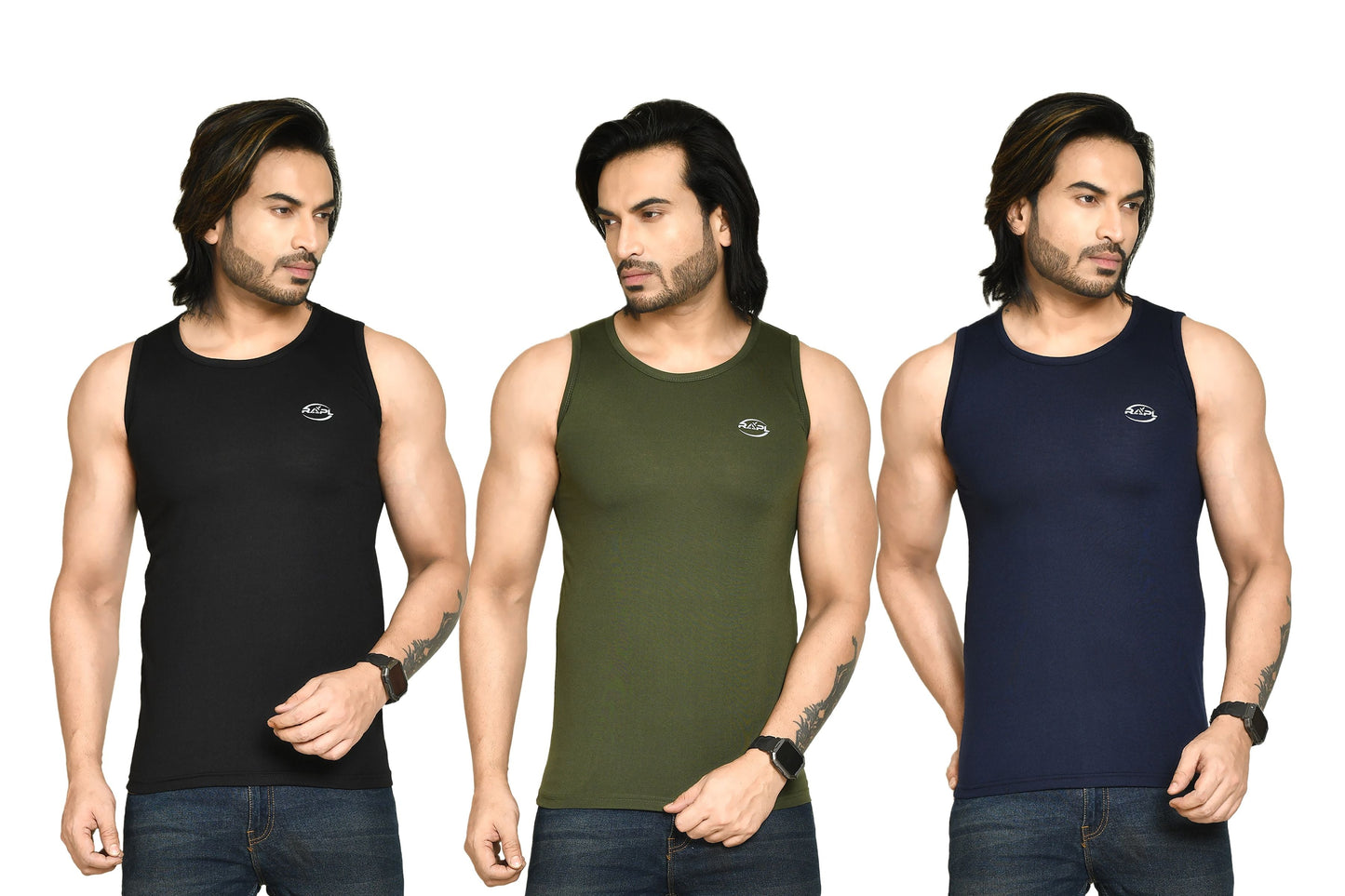 RAPL BHARAT Men's Casual Regular Fit Round Neck Solid Cotton Sleeveless Tank Tops Gym Vest I Perfect for Gymwear & Sports - Black, Dark Green & Navy Blue