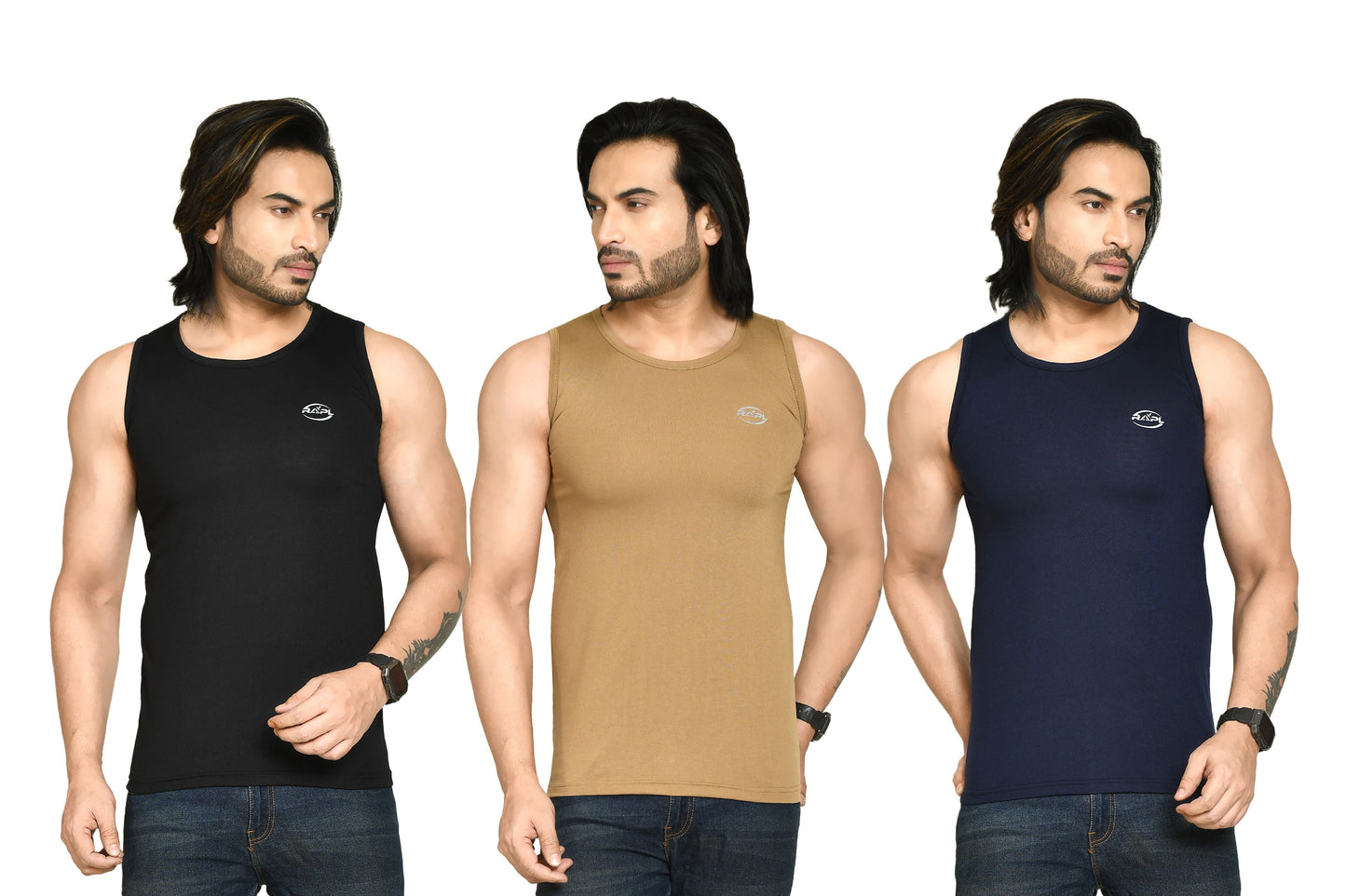 RAPL BHARAT Men's Casual Regular Fit Round Neck Solid Cotton Sleeveless Tank Tops Gym Vest I Perfect for Gymwear & Sports - Black, Khaki & Navy Blue