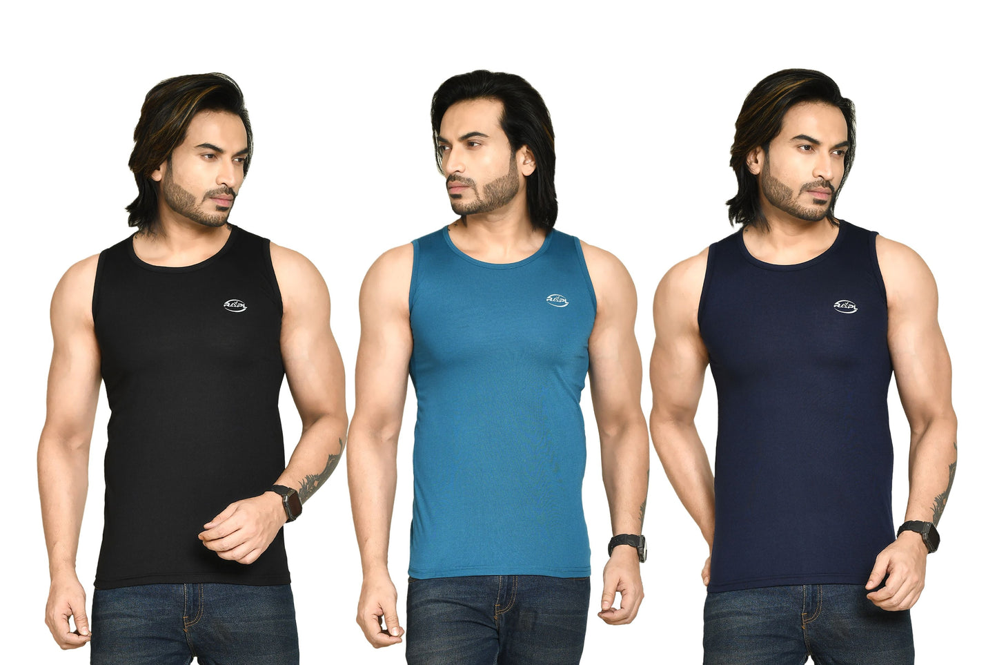 RAPL BHARAT Men's Casual Regular Fit Round Neck Solid Cotton Sleeveless Tank Tops Gym Vest I Perfect for Gymwear & Sports - Black, Turquoise & Navy Blue