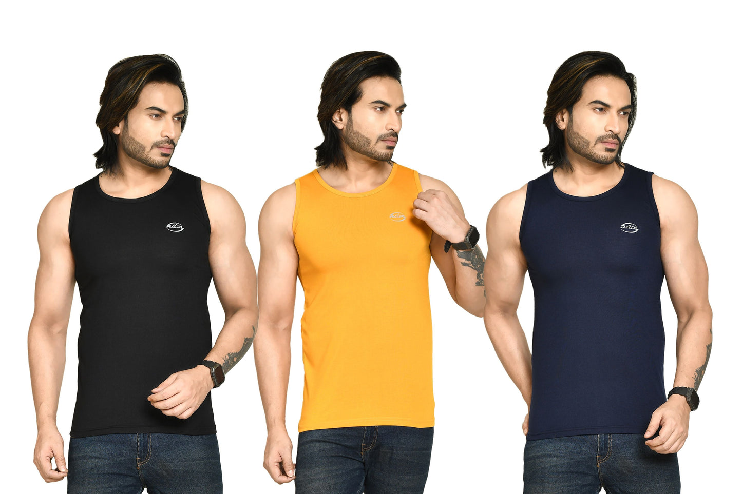 RAPL BHARAT Men's Casual Regular Fit Round Neck Solid Cotton Sleeveless Tank Tops Gym Vest I Perfect for Gymwear & Sports - Black, Yellow & Navy Blue