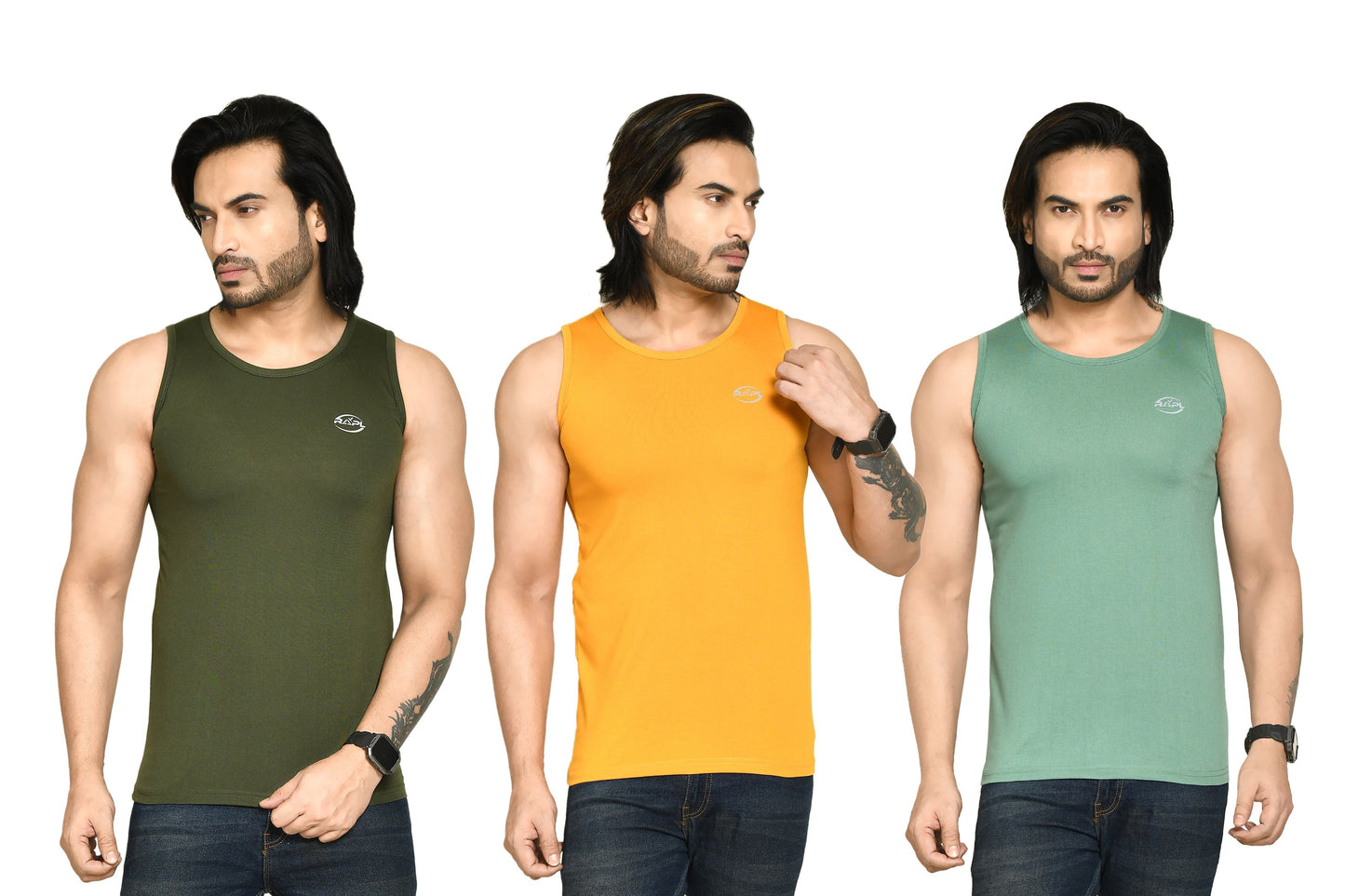 RAPL BHARAT Men's Casual Regular Fit Round Neck Solid Cotton Sleeveless Tank Tops Gym Vest I Perfect for Gymwear & Sports - Dark Green, Yellow & Olive Green