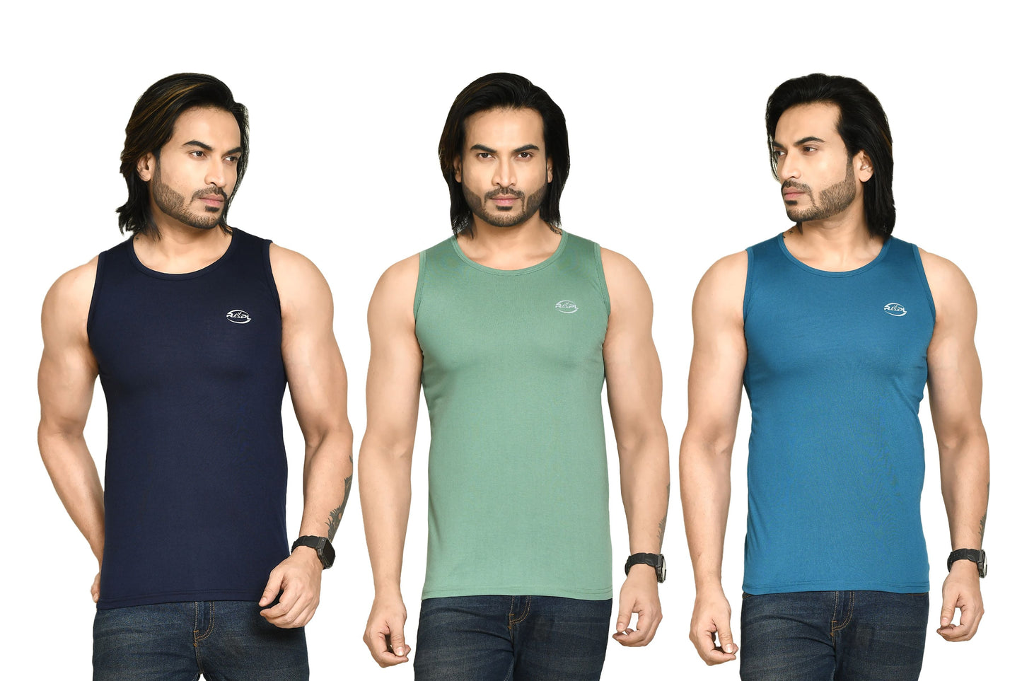 RAPL BHARAT Men's Casual Regular Fit Round Neck Solid Cotton Sleeveless Tank Tops Gym Vest I Perfect for Gymwear & Sports - Navy Blue, Olive Green & Turquoise