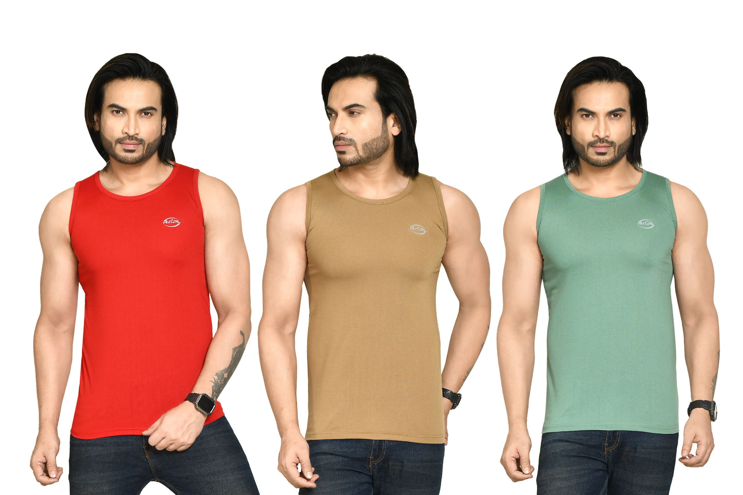 RAPL BHARAT Men's Casual Regular Fit Round Neck Solid Cotton Sleeveless Tank Tops Gym Vest I Perfect for Gymwear & Sports - Red, Khaki & Olive Green