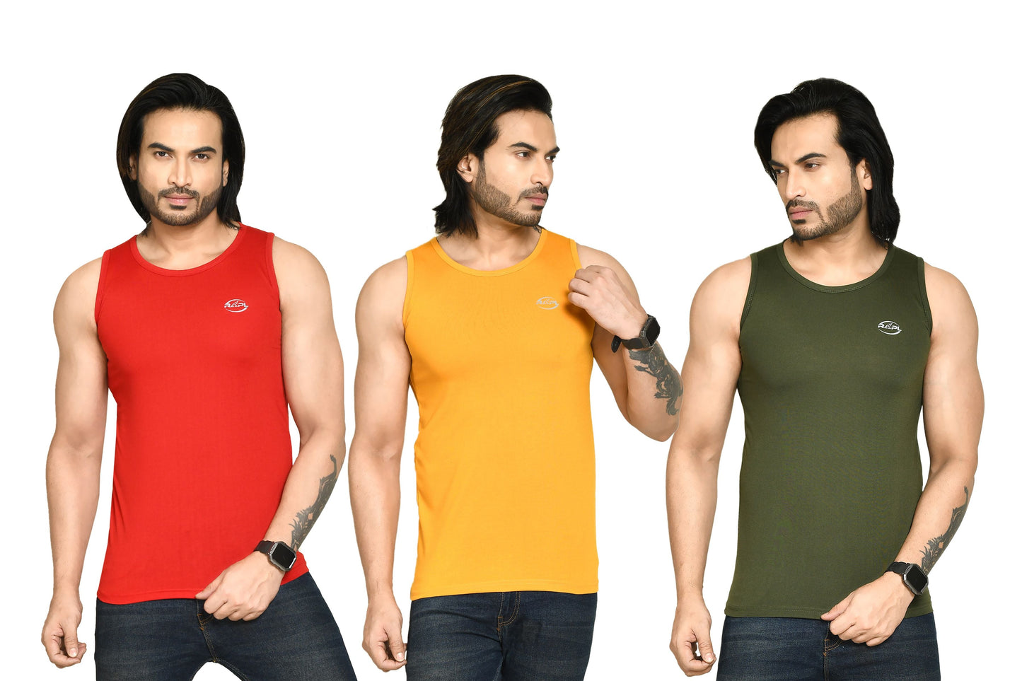 RAPL BHARAT Men's Casual Regular Fit Round Neck Solid Cotton Sleeveless Tank Tops Gym Vest I Perfect for Gymwear & Sports - Red, Yellow & Dark Green