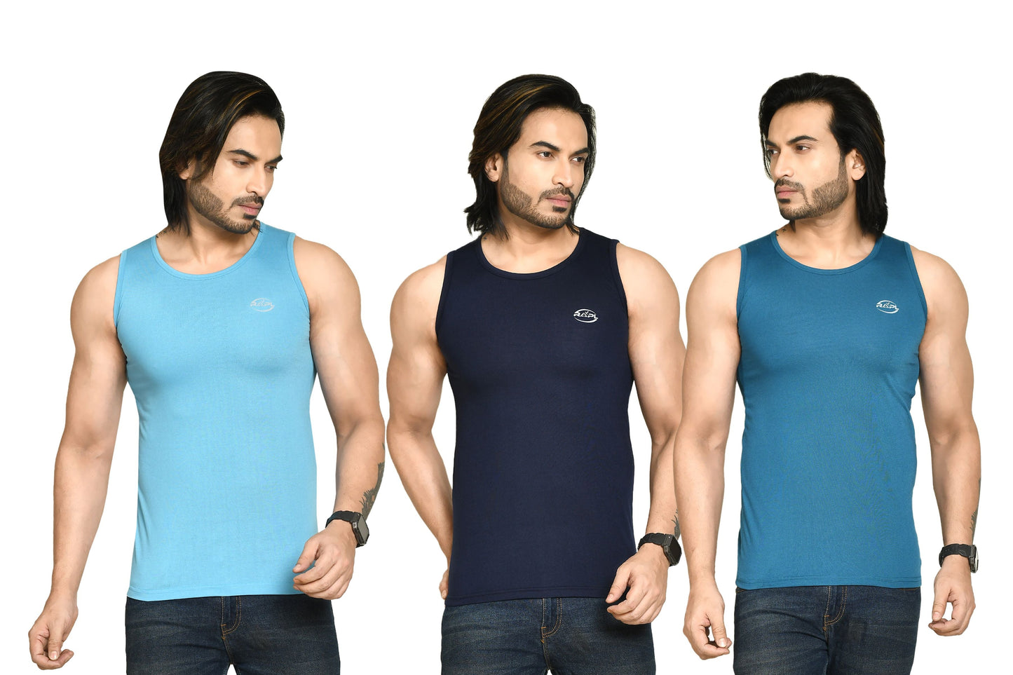 RAPL BHARAT Men's Casual Regular Fit Round Neck Solid Cotton Sleeveless Tank Tops Gym Vest I Perfect for Gymwear & Sports - Sky Blue, Navy Blue & Turquoise