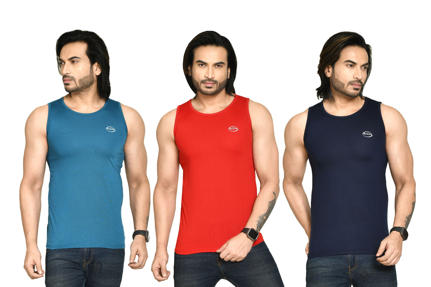 RAPL BHARAT Men's Casual Regular Fit Round Neck Solid Cotton Sleeveless Tank Tops Gym Vest I Perfect for Gymwear & Sports - Turquoise, Red & Navy Blue