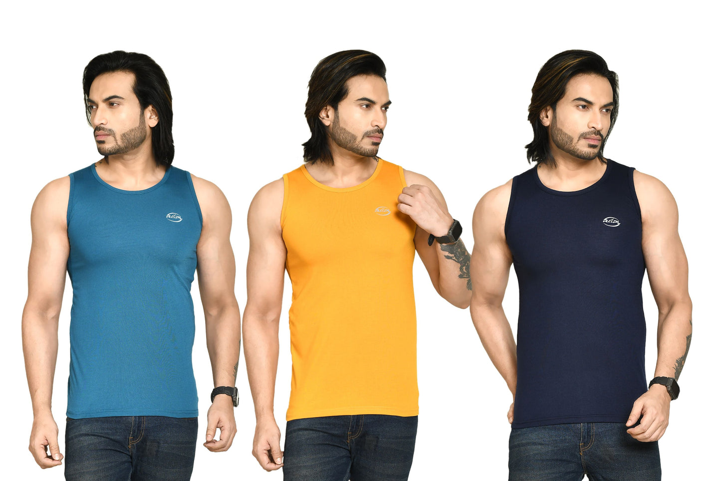 RAPL BHARAT Men's Casual Regular Fit Round Neck Solid Cotton Sleeveless Tank Tops Gym Vest I Perfect for Gymwear & Sports - Turquoise, Yellow & Navy Blue