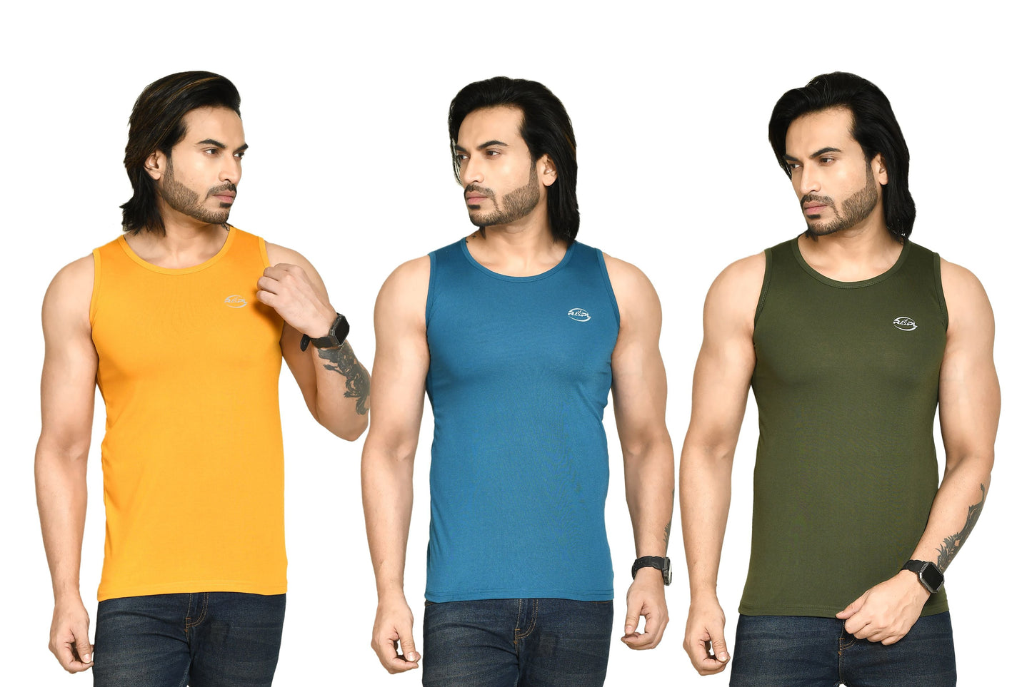 RAPL BHARAT Men's Casual Regular Fit Round Neck Solid Cotton Sleeveless Tank Tops Gym Vest I Perfect for Gymwear & Sports - Yellow, Sky Blue & Dark Green