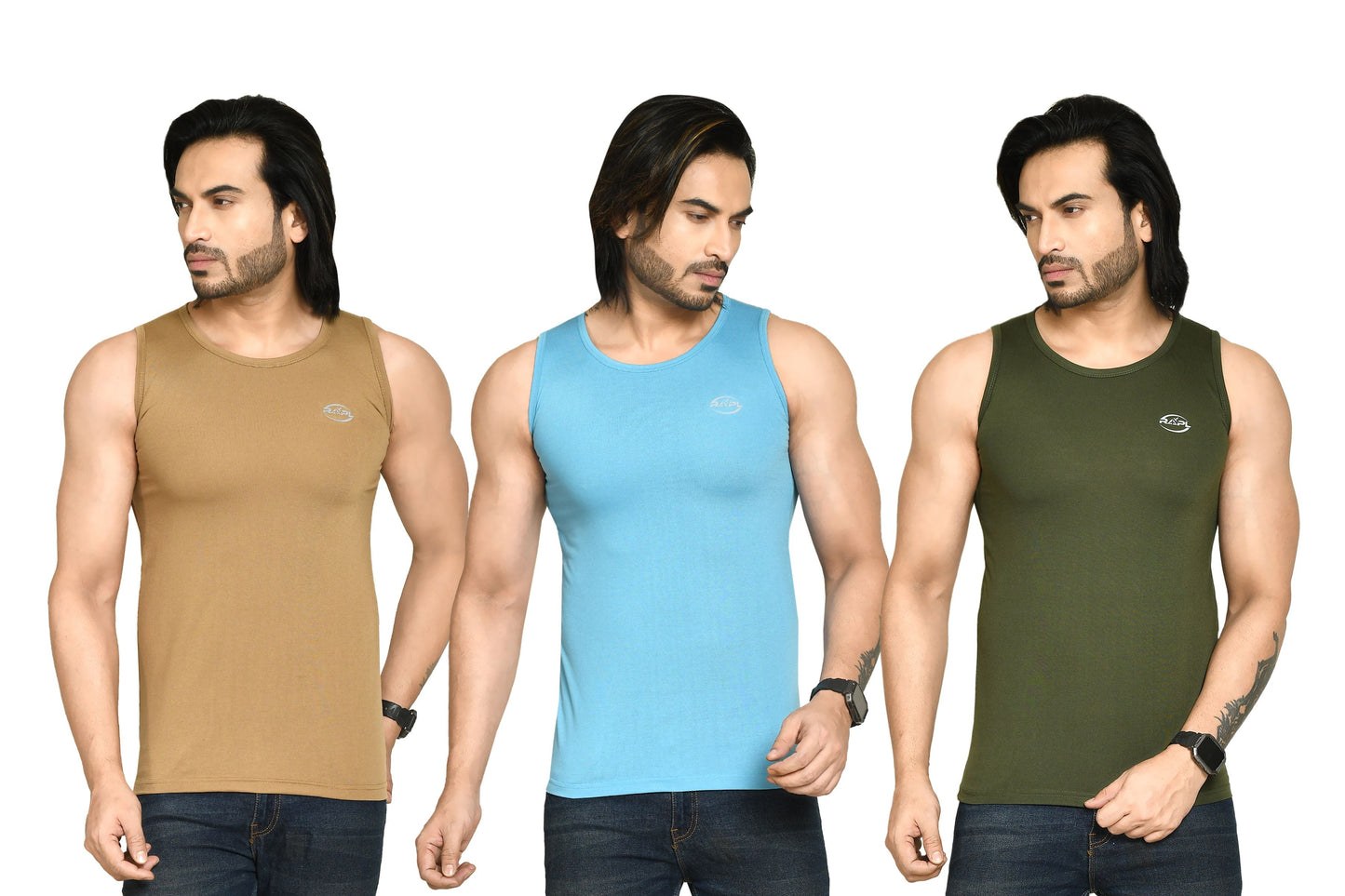 RAPL BHARAT Men's Casual Regular Fit Round Neck Solid Cotton Sleeveless Tank Tops Gym Vest I Perfect for Gymwear & Sports - Khaki, Sky Blue & Dark Green