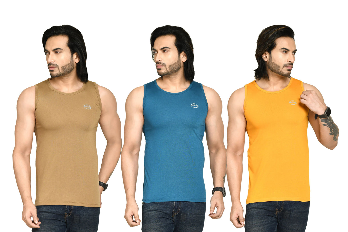 RAPL BHARAT Men's Casual Regular Fit Round Neck Solid Cotton Sleeveless Tank Tops Gym Vest I Perfect for Gymwear & Sports - Khaki, Turquoise & Yellow