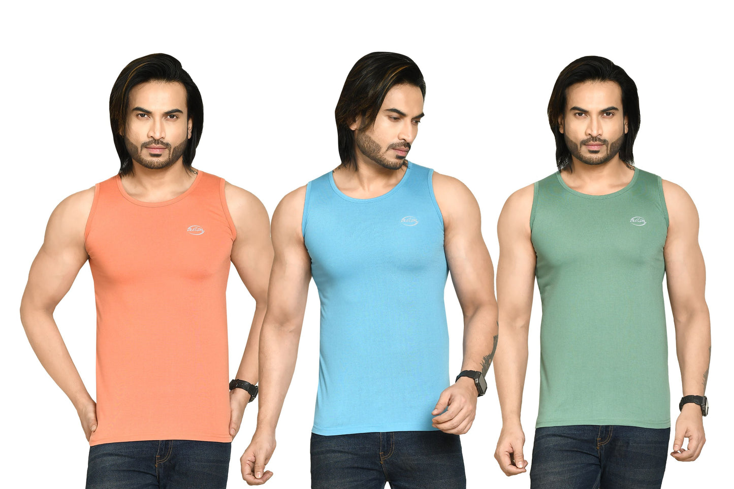 RAPL BHARAT Men's Casual Regular Fit Round Neck Solid Cotton Sleeveless Tank Tops Gym Vest I Perfect for Gymwear & Sports - Mauve, Sky Blue & Olive Green