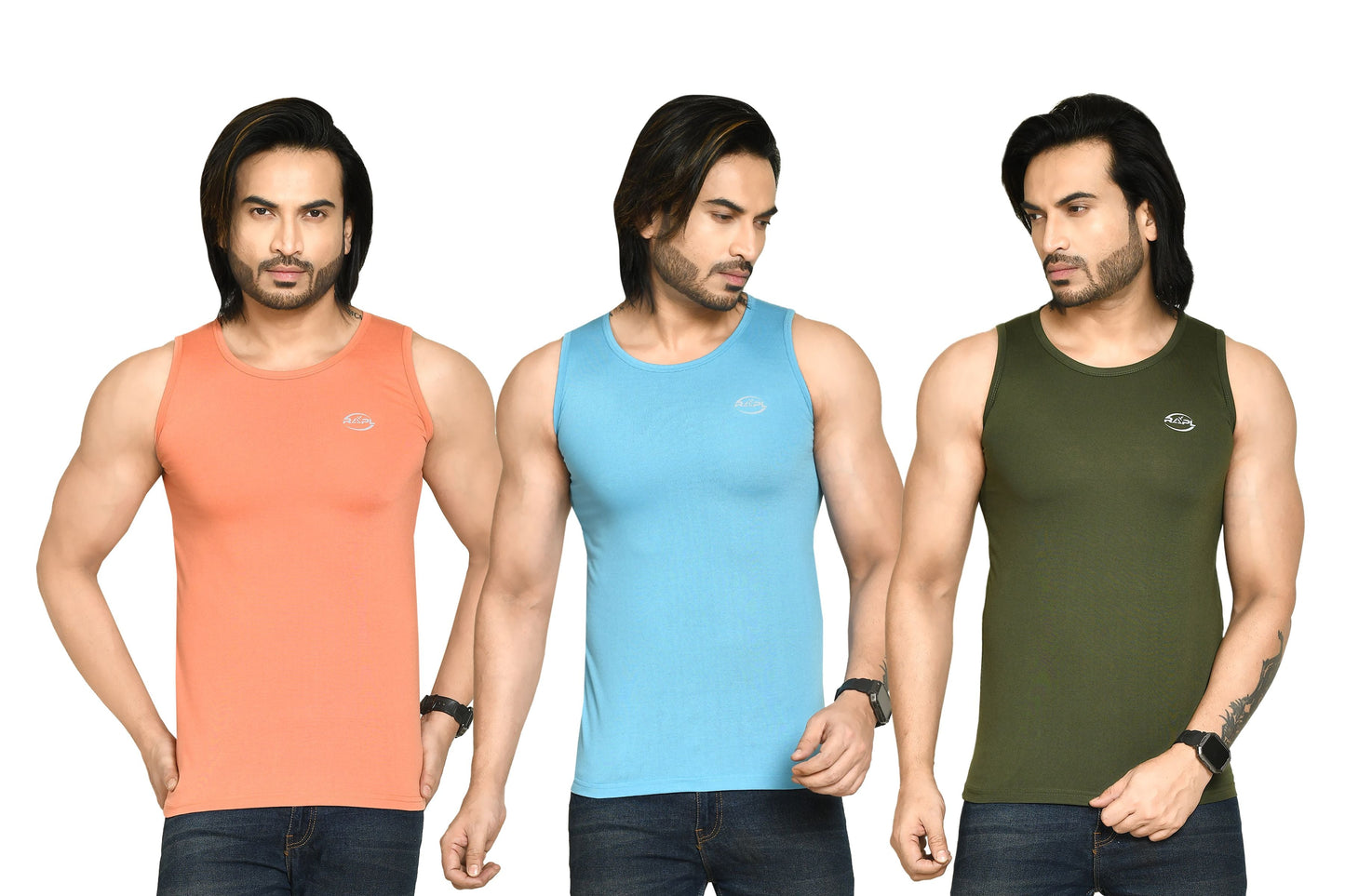 RAPL BHARAT Men's Casual Regular Fit Round Neck Solid Cotton Sleeveless Tank Tops Gym Vest I Perfect for Gymwear & Sports - Mauve, Sky Blue & Dark Green