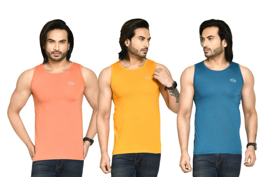 RAPL BHARAT Men's Casual Regular Fit Round Neck Solid Cotton Sleeveless Tank Tops Gym Vest I Perfect for Gymwear & Sports - Mauve, Yellow & Turquoise