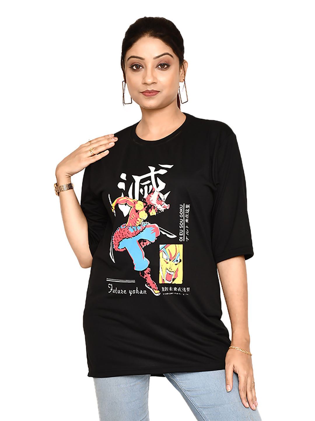 RAPL BHARAT Combo Women's Casual Regular Fit Round Neck Cotton t-shirt With Trendy Anime Print I Comfy & Stylish Graphic Printed T-shirt Combo of 3 for Women | Color - Black / Multi