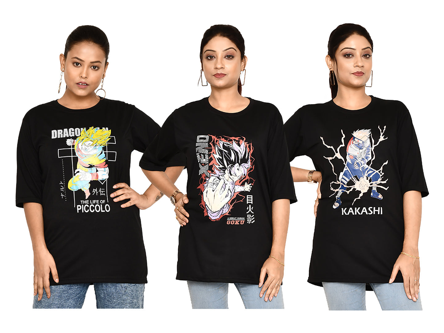 RAPL BHARAT Combo Women's Casual Regular Fit Round Neck Cotton t-shirt With Trendy Anime Print I Comfy & Stylish Graphic Printed T-shirt Combo of 3 for Women | Color - Black / Multi