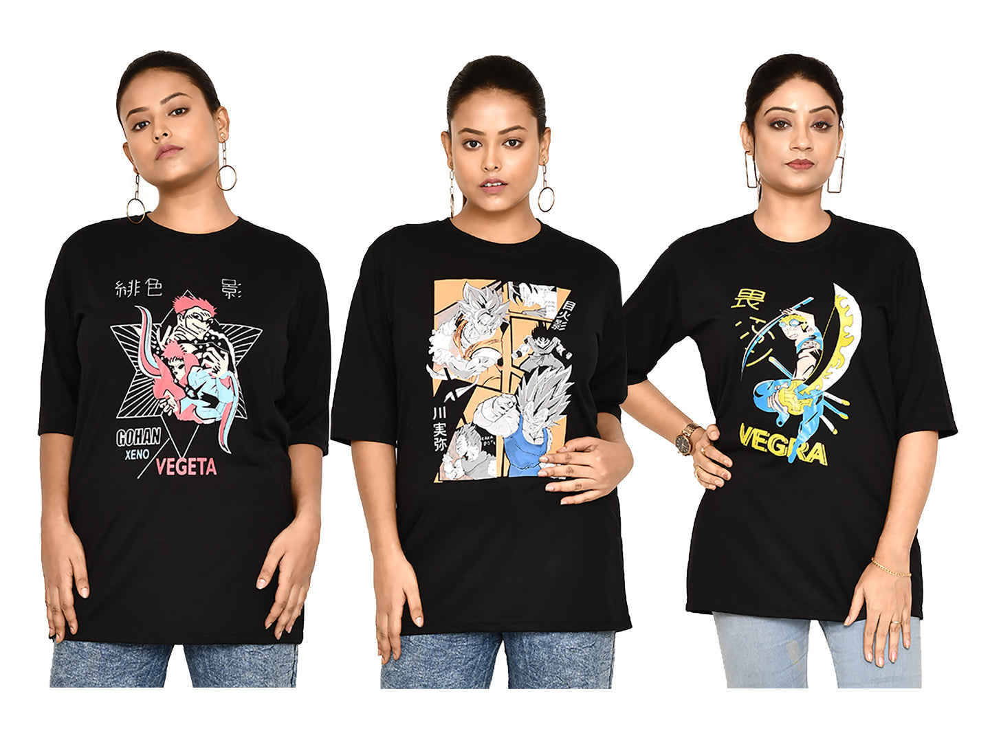 RAPL BHARAT Combo Women's Casual Regular Fit Round Neck Cotton t-shirt With Trendy Anime Print I Comfy & Stylish Graphic Printed T-shirt Combo of 3 for Women | Color - Black / Multi