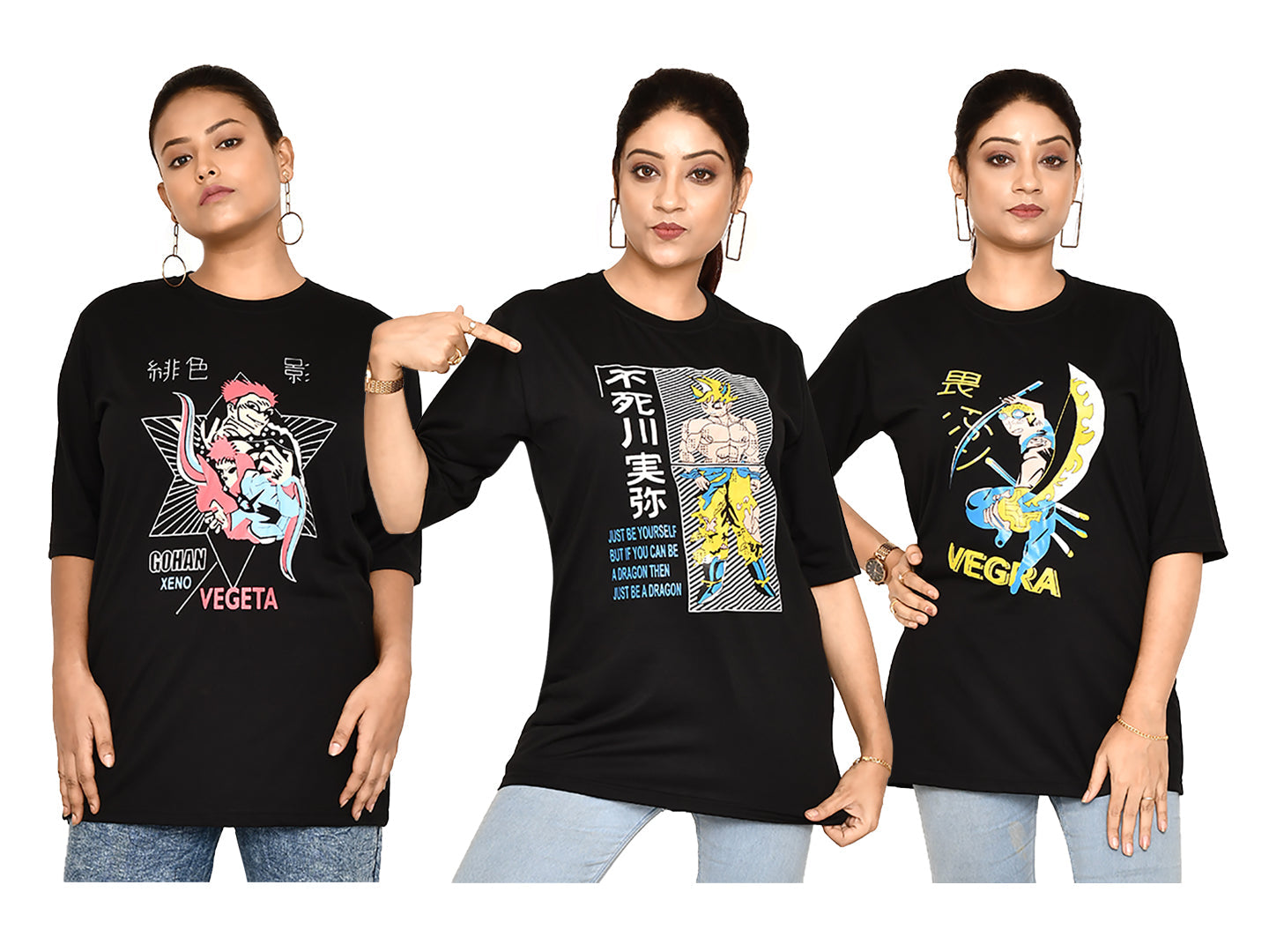 RAPL BHARAT Combo Women's Casual Regular Fit Round Neck Cotton t-shirt With Trendy Anime Print I Comfy & Stylish Graphic Printed T-shirt Combo of 3 for Women | Color - Black / Multi