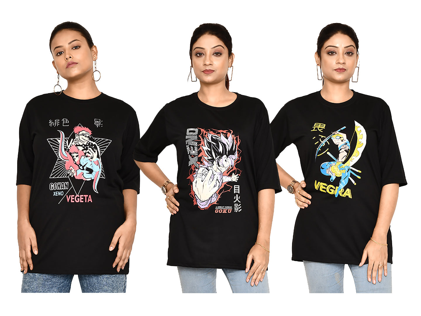 RAPL BHARAT Combo Women's Casual Regular Fit Round Neck Cotton t-shirt With Trendy Anime Print I Comfy & Stylish Graphic Printed T-shirt Combo of 3 for Women | Color - Black / Multi