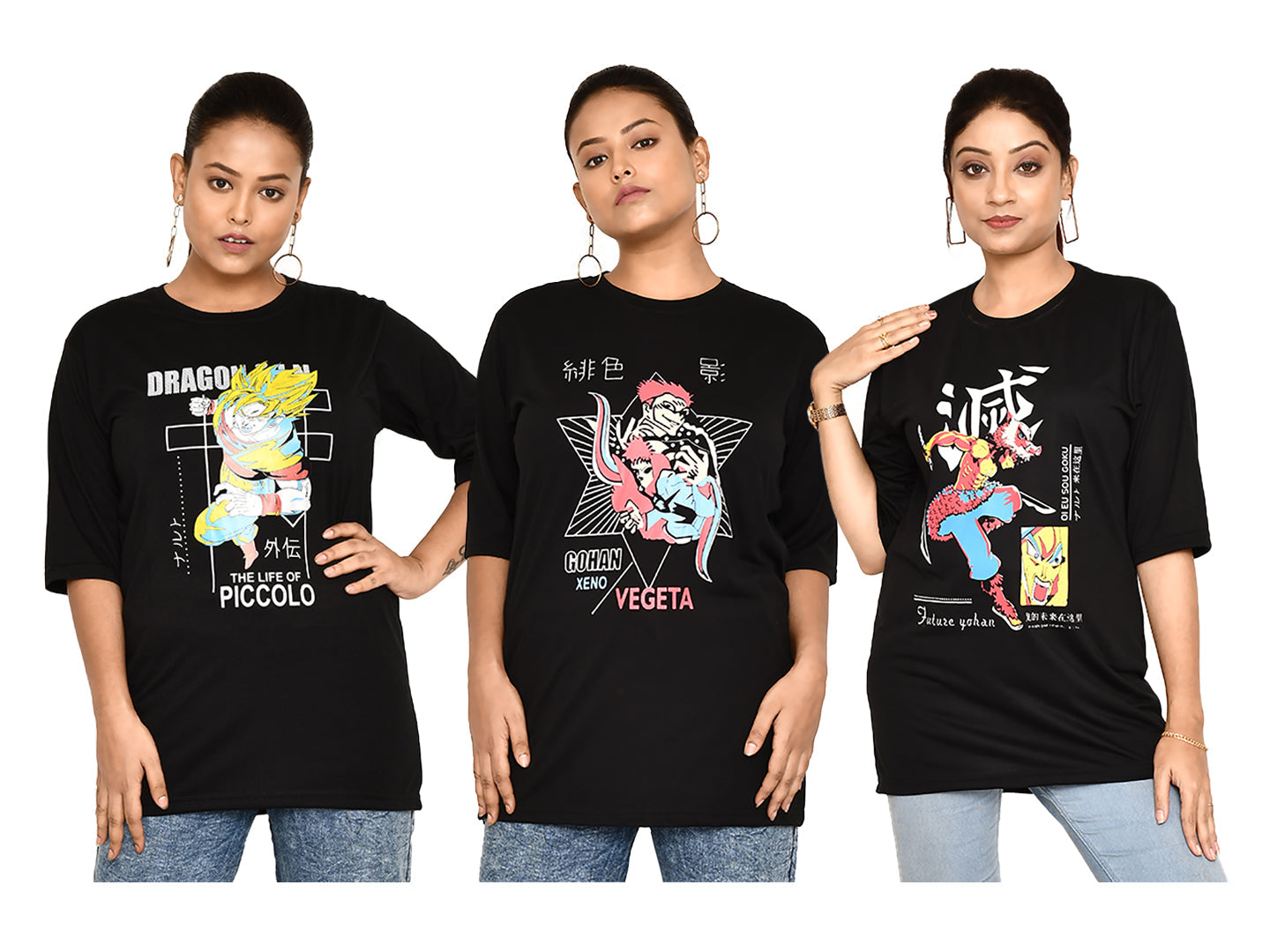 RAPL BHARAT Combo Women's Casual Regular Fit Round Neck Cotton t-shirt With Trendy Anime Print I Comfy & Stylish Graphic Printed T-shirt Combo of 3 for Women | Color - Black / Multi