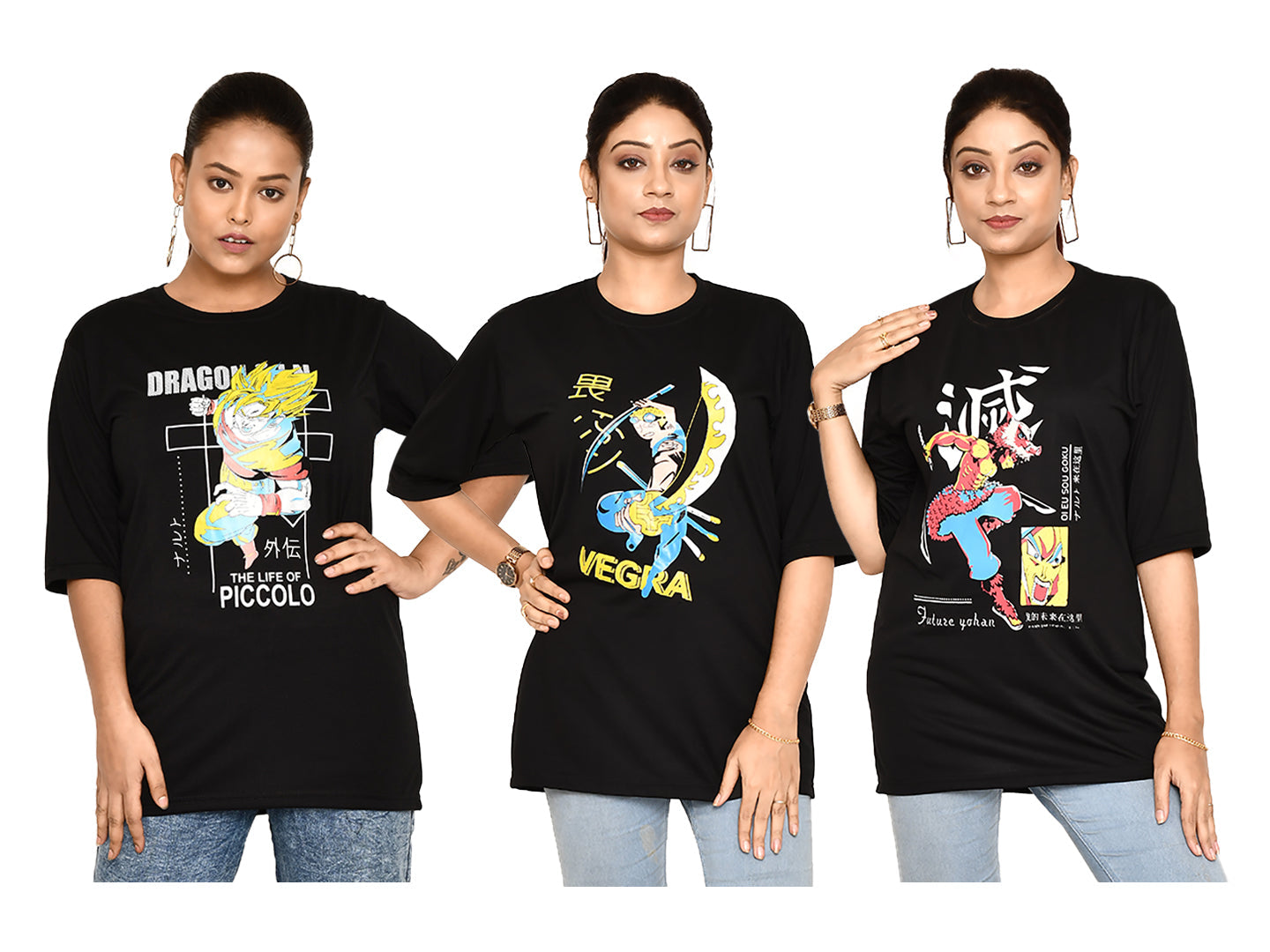 RAPL BHARAT Combo Women's Casual Regular Fit Round Neck Cotton t-shirt With Trendy Anime Print I Comfy & Stylish Graphic Printed T-shirt Combo of 3 for Women | Color - Black / Multi