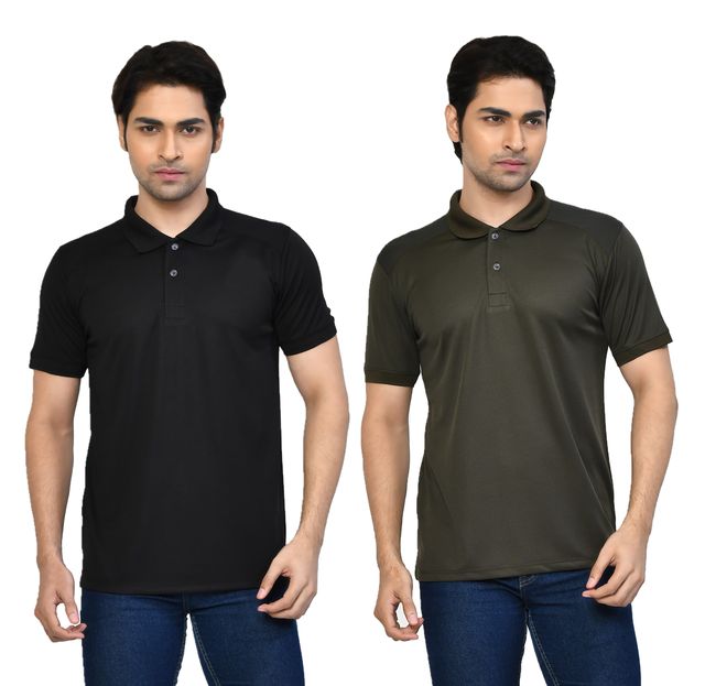 Men's Casual Regular Fit Solid Tshirts combo I Collared Neck I Half Sleeve Polo T-shirts  - Black & Algae green