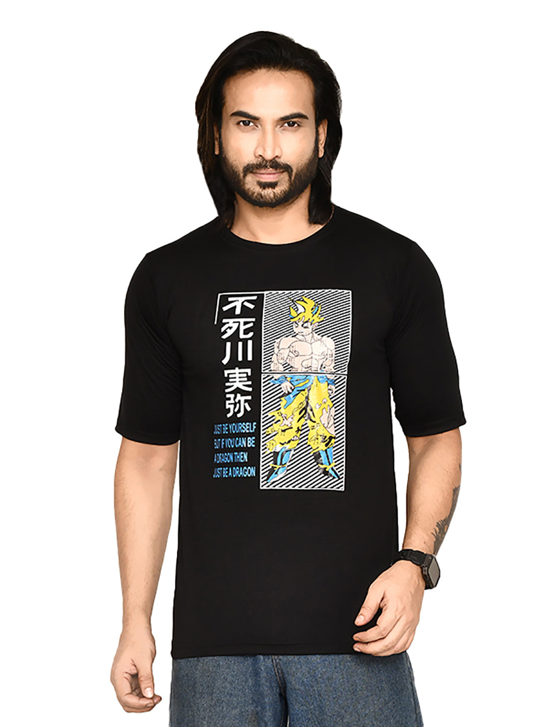 RAPL BHARAT Men's Casual Regular Fit Printed Round Neck Cotton Black T-shirt with Half Sleeve I Comfortable and Breathable Graphic Anime Print T-shirt Combo for Men | Color - Black / Multi