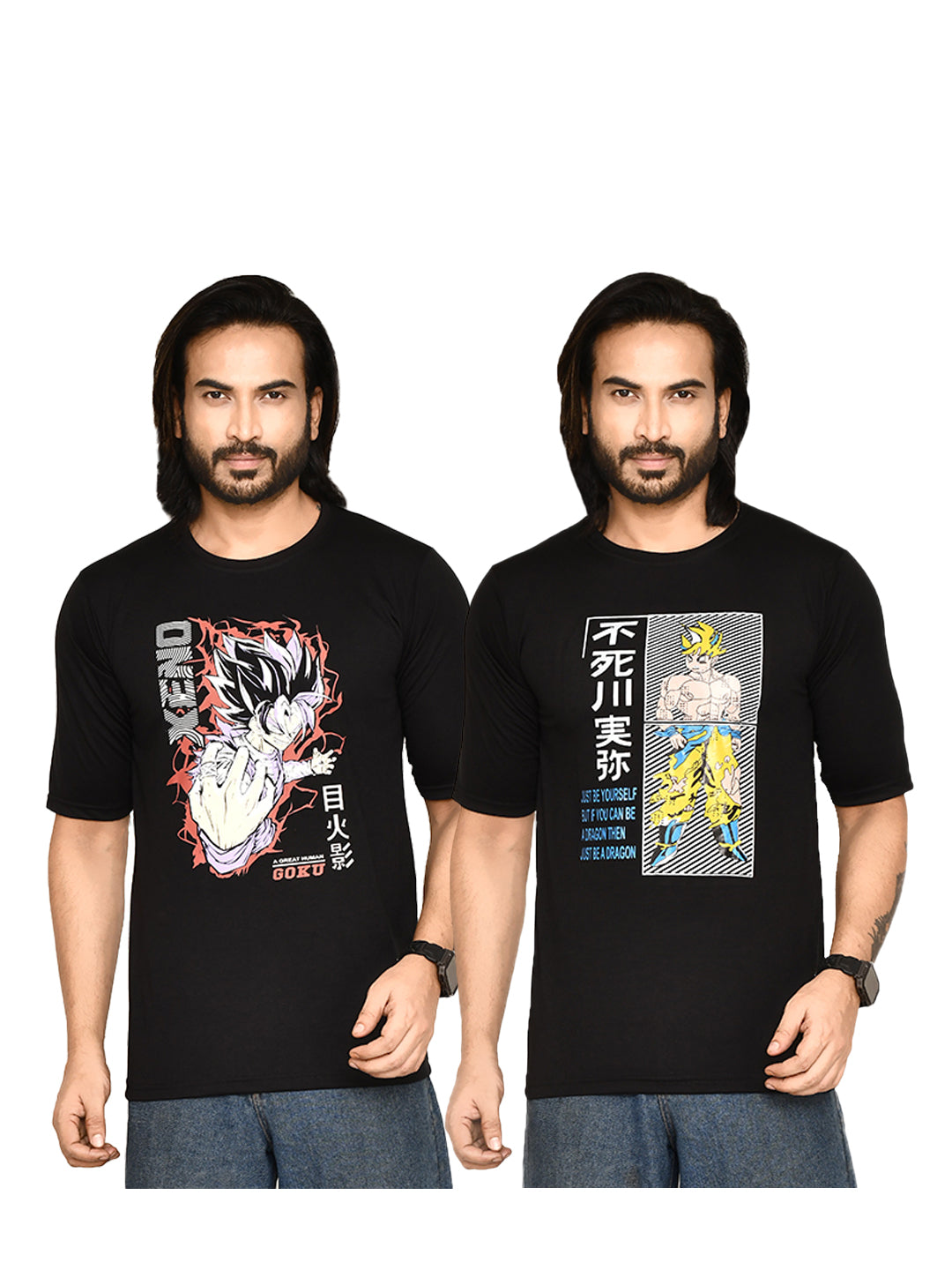 RAPL BHARAT Men's Casual Regular Fit Printed Round Neck Cotton Black T-shirt with Half Sleeve I Comfortable and Breathable Graphic Anime Print T-shirt Combo for Men | Color - Black / Multi