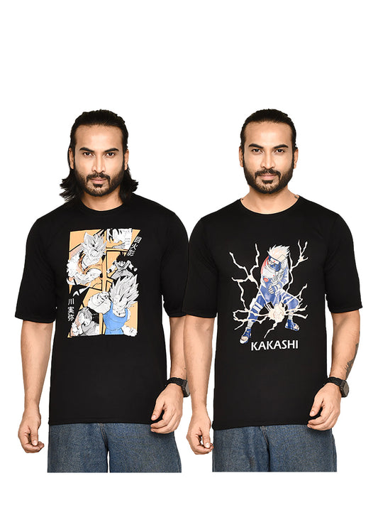 RAPL BHARAT Men's Combo Casual Regular Fit Printed Round Neck Cotton Fabric Black T-shirt with Half Sleeve I Comfortable and Breathable Anime Printed T-shirt Combo for Men | Color-Black / Multi